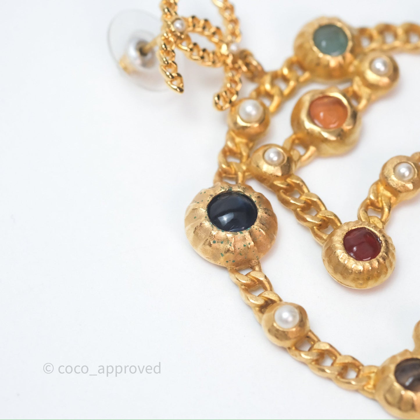 Chanel CC Pearl Stone Circle No.5 Earrings Aged Gold Tone 18K