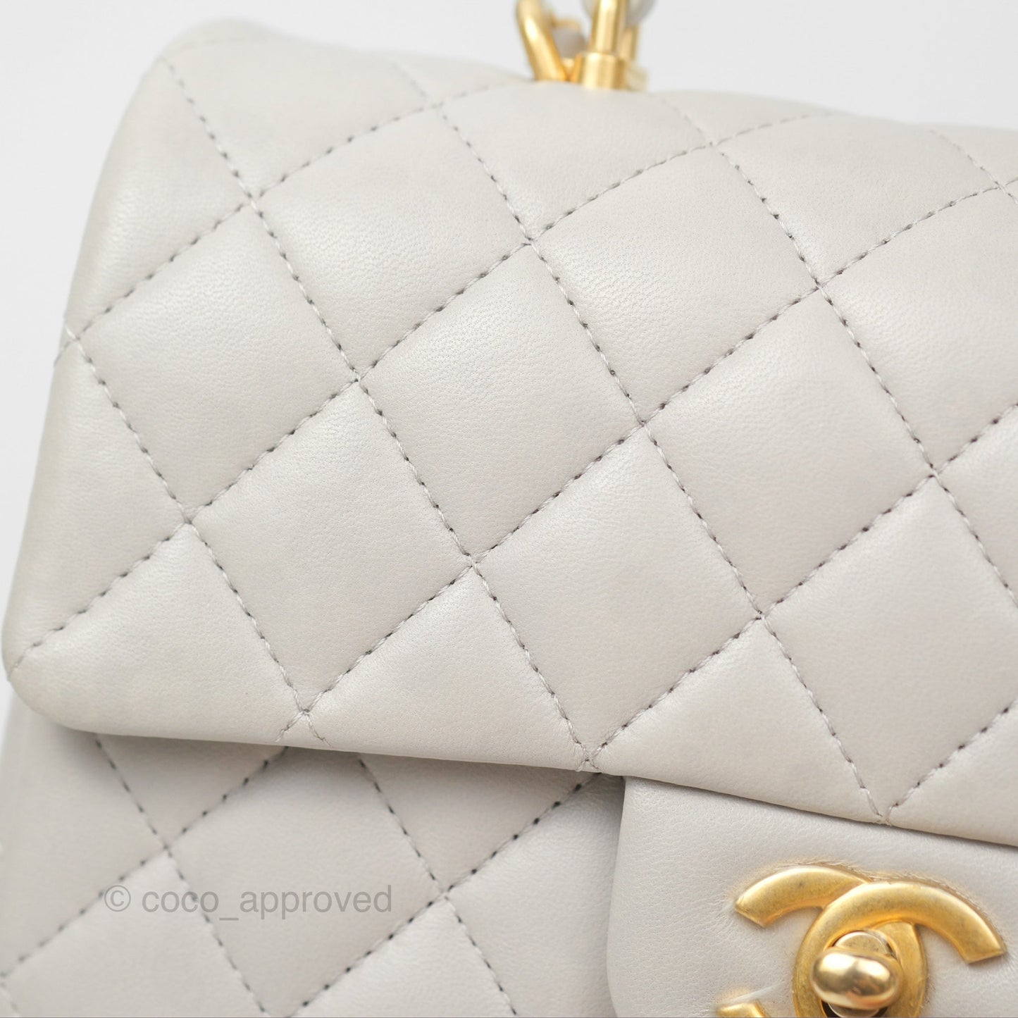 Chanel Top Handle Mini Rectangular Flap Bag Light Grey Lambskin Aged Gold Hardware