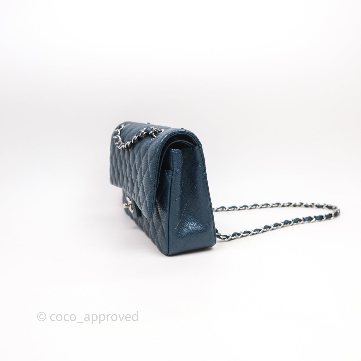 Chanel Classic Medium Flap Quilted Iridescent Teal Caviar Silver Hardware