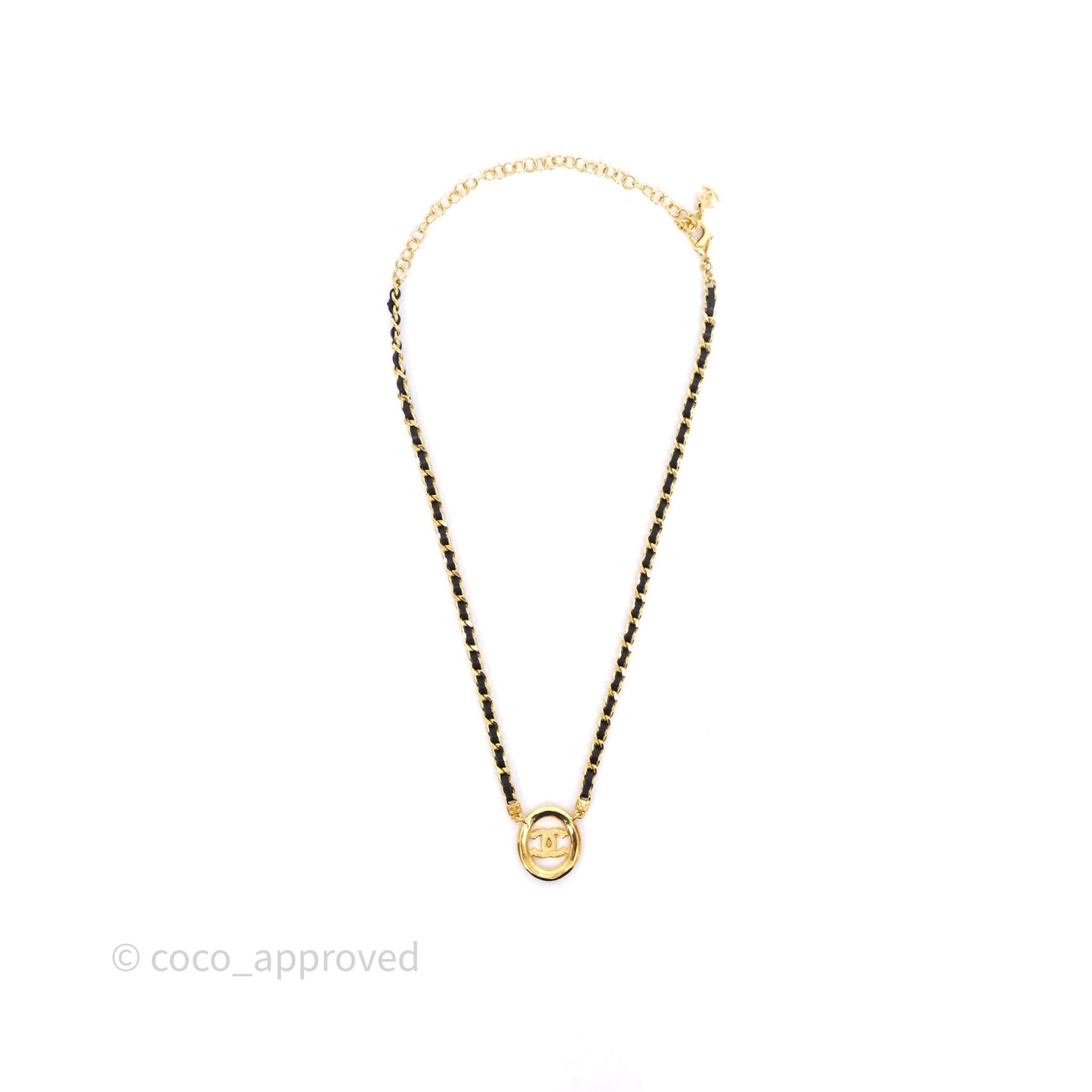 Chanel Oval Crystal CC Leather Chain Necklace Gold Tone 24A