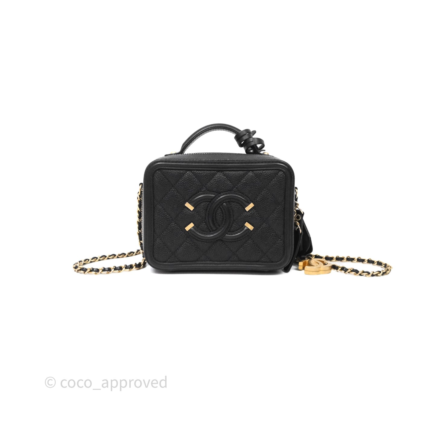 Chanel Quilted Small CC Filigree Vanity Case Black Caviar Aged Gold Hardware