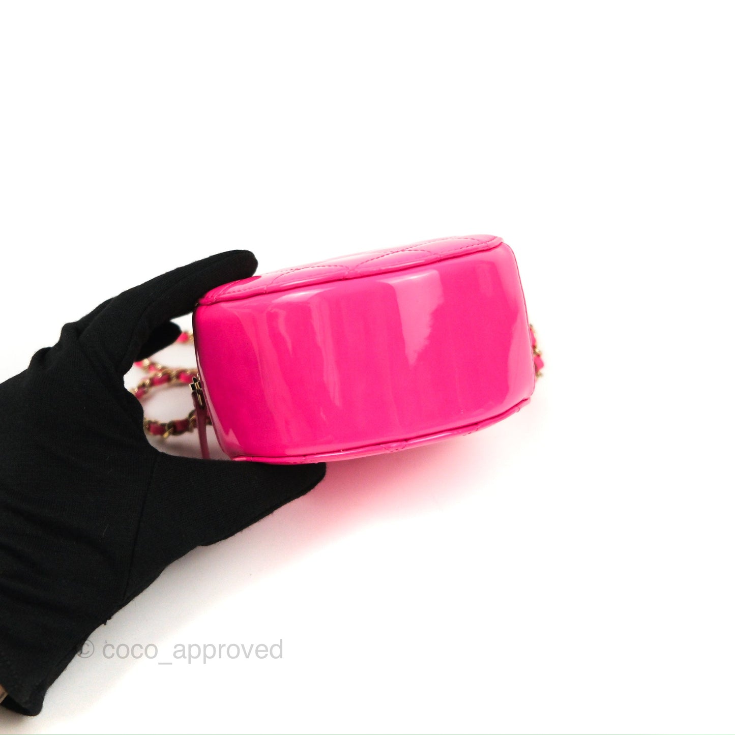 Chanel Classic Quilted Round Clutch Neon Pink Patent Gold Hardware