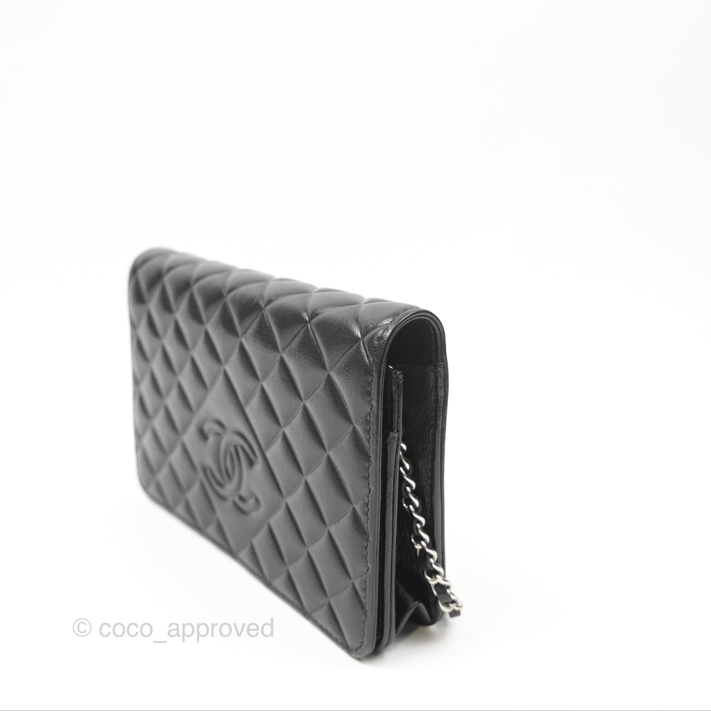 Chanel Diamond CC Wallet On Chain WOC Black Goatskin Silver Hardware