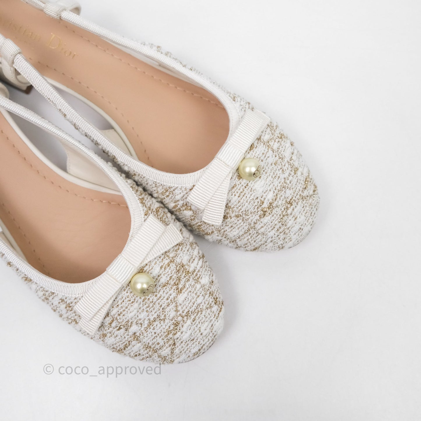 Dior Ballet Slingback Pump White Cannage Tweed Gold-Tone Metallic Thread