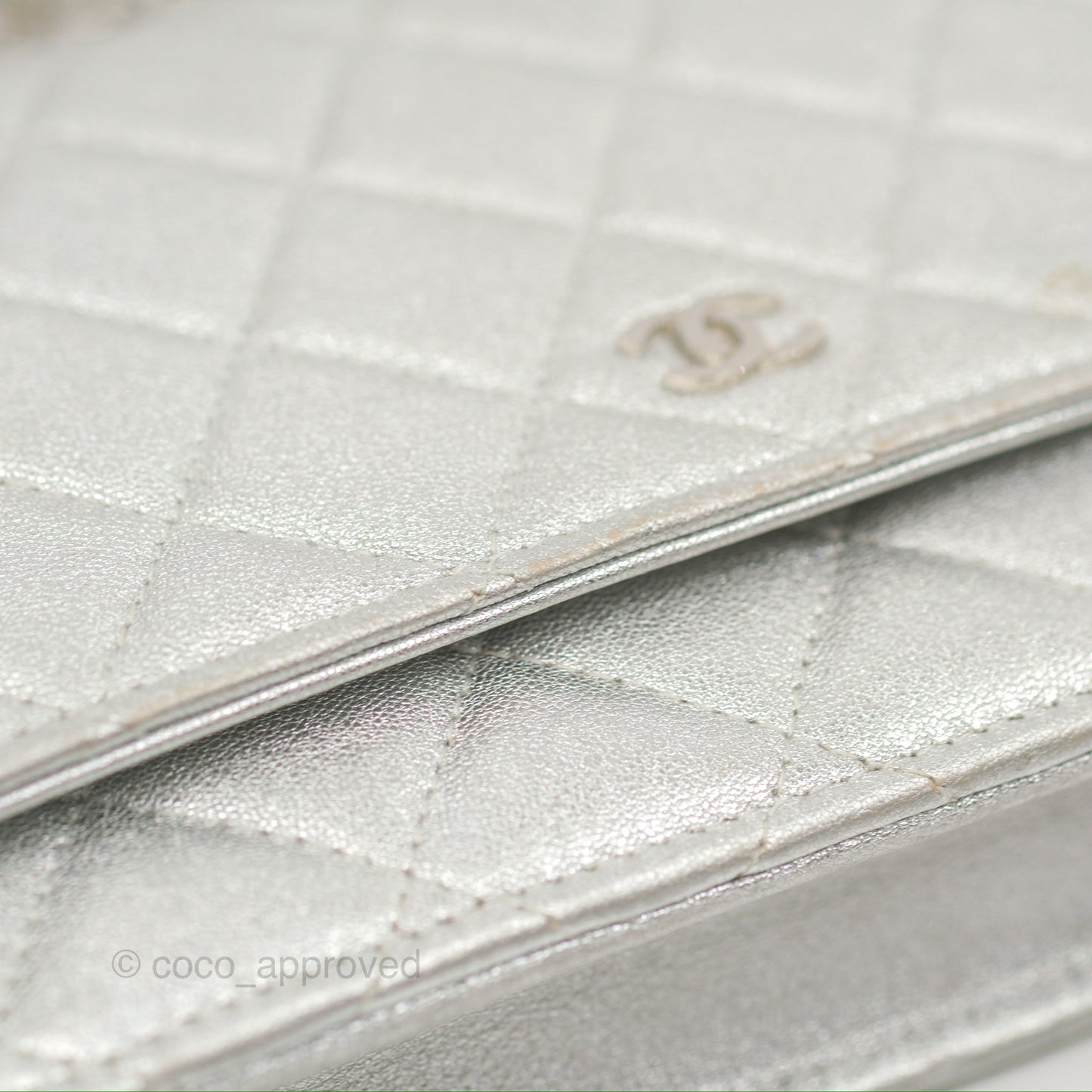 Chanel Quilted Wallet on Chain WOC Iridescent Silver Grained Lambskin Silver Hardware