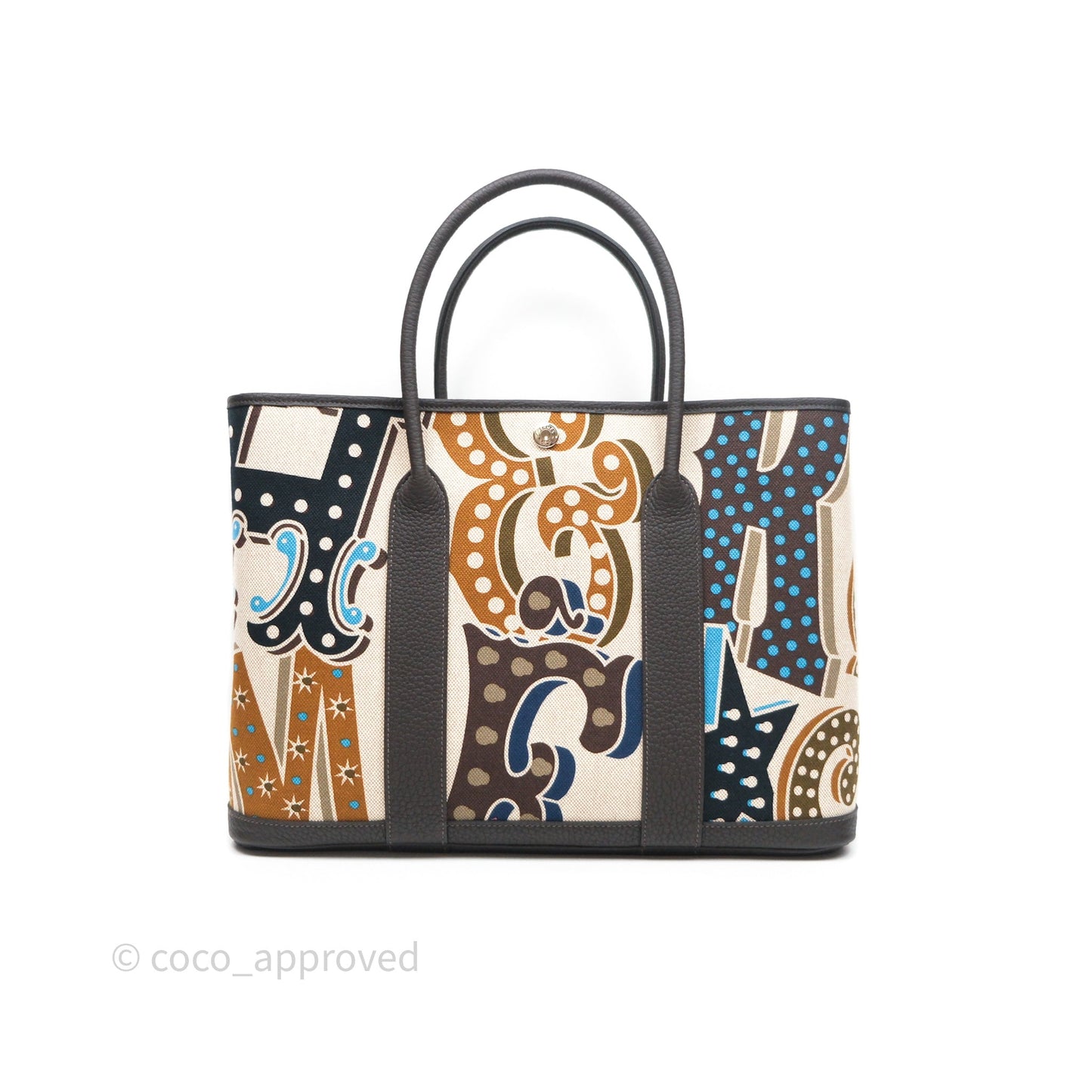 Hermès Garden Party 36 Printed H Plume Canvas/ Negonda Caramel 28/ Ecru-beige 14/ Ebene 46