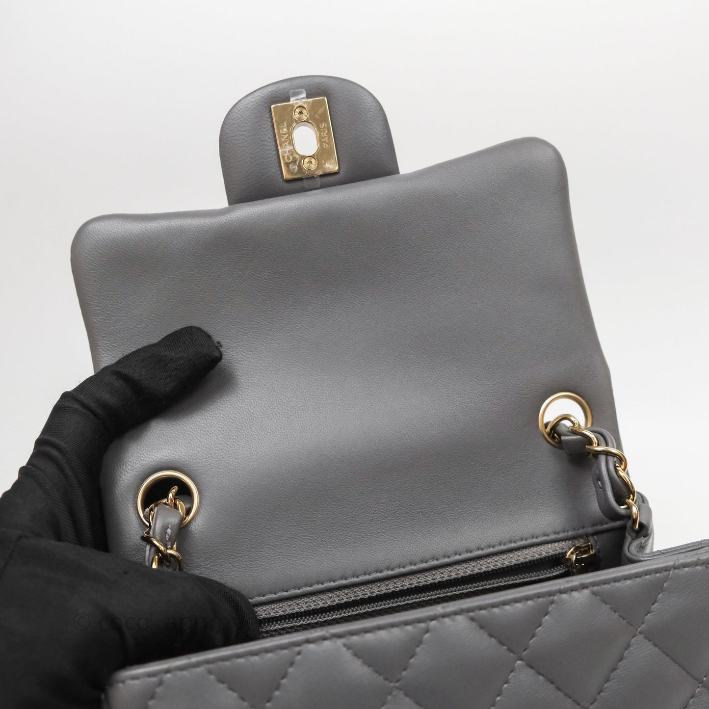 Chanel Mini Square Quilted Grey Lambskin Gold Hardware