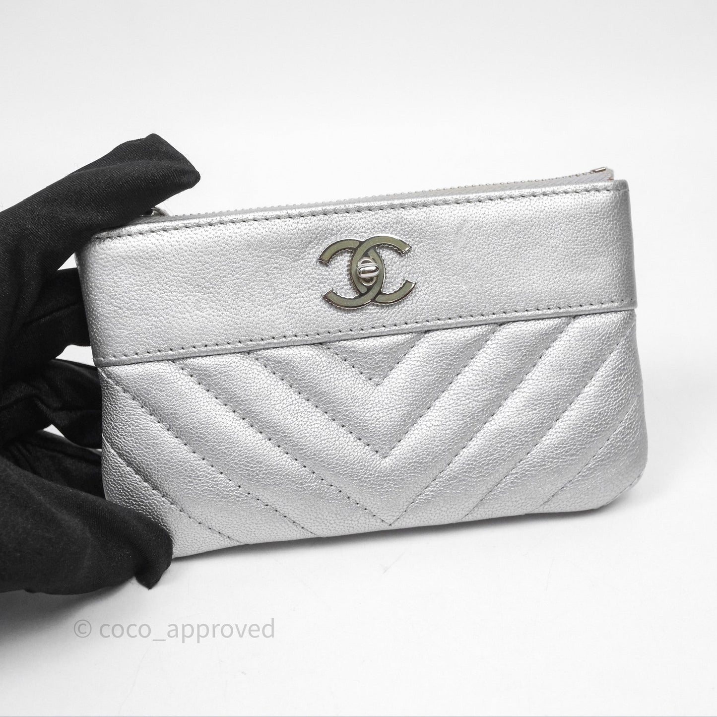 Chanel Mini Chevron Mademoiselle O Case Silver Goatskin Silver Hardware