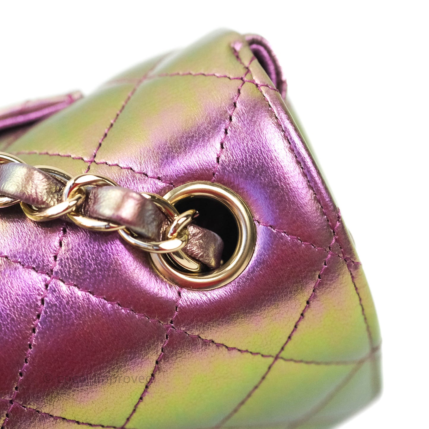 Chanel Classic Quilted Mini Rectangular Flap Metallic Purple Calfskin Gold Hardware