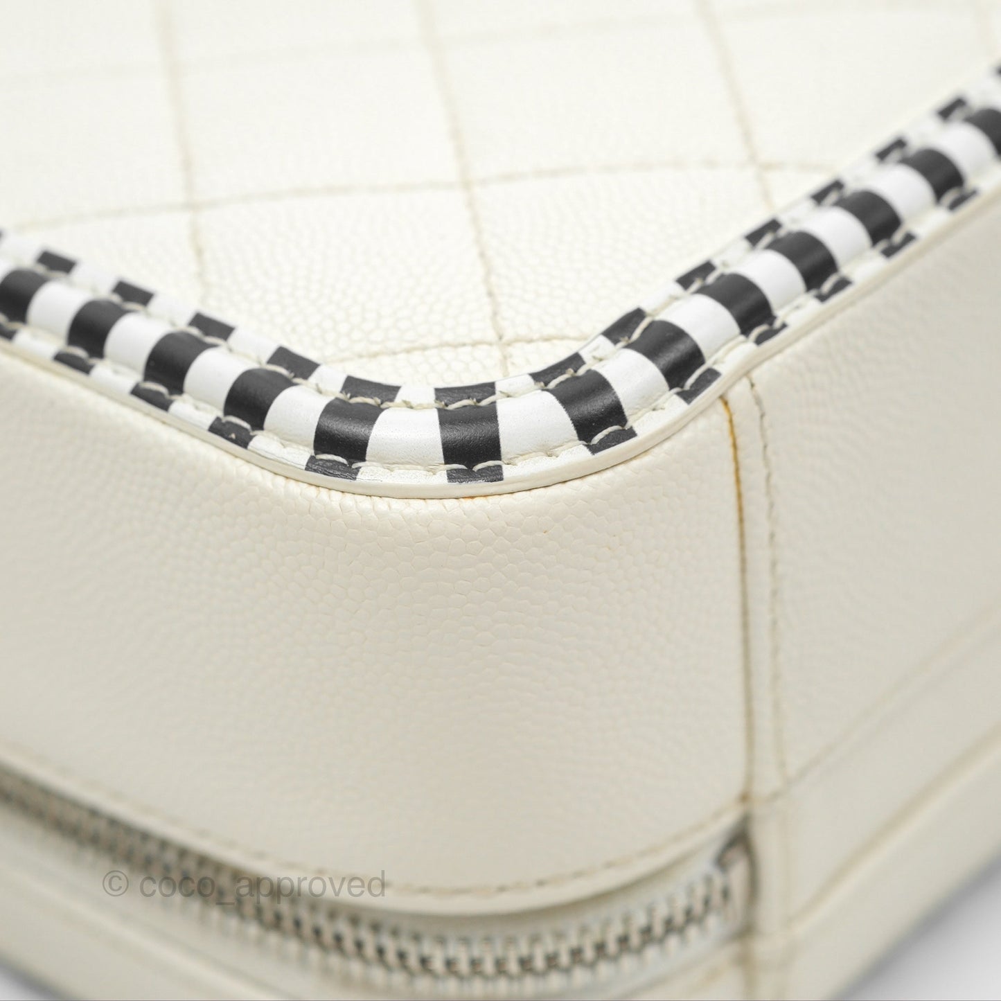 Chanel Quilted Medium CC Filigree Vanity Case White Black Stripe Caviar Silver Hardware