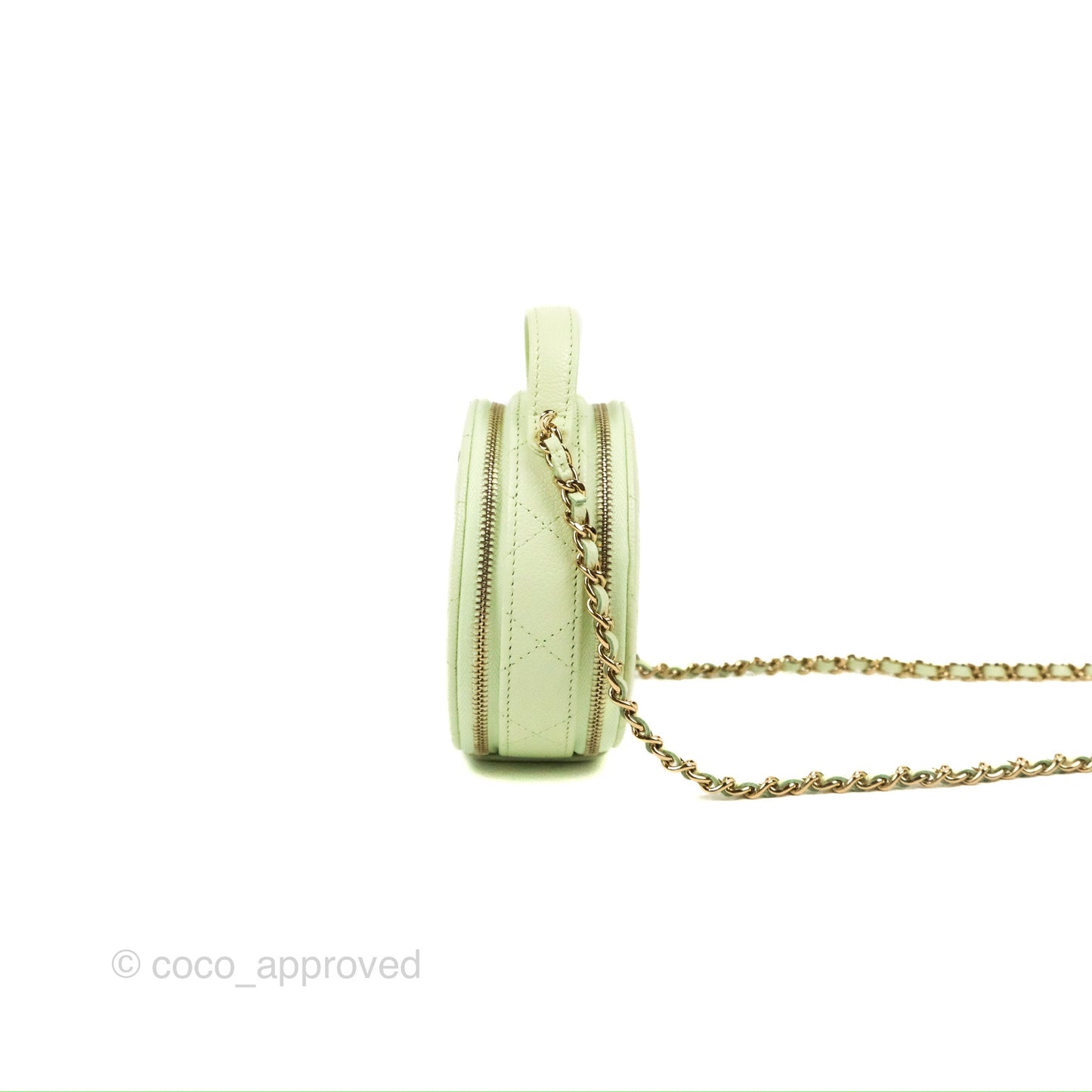 Chanel Mini Round Vanity Bag Handle With Care Light Green Caviar 22C