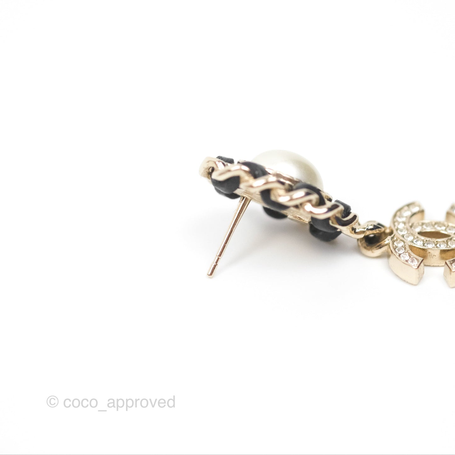 Chanel Oval Pearl Braided Black Leather Drop Crystal CC Earrings Gold Tone 21B
