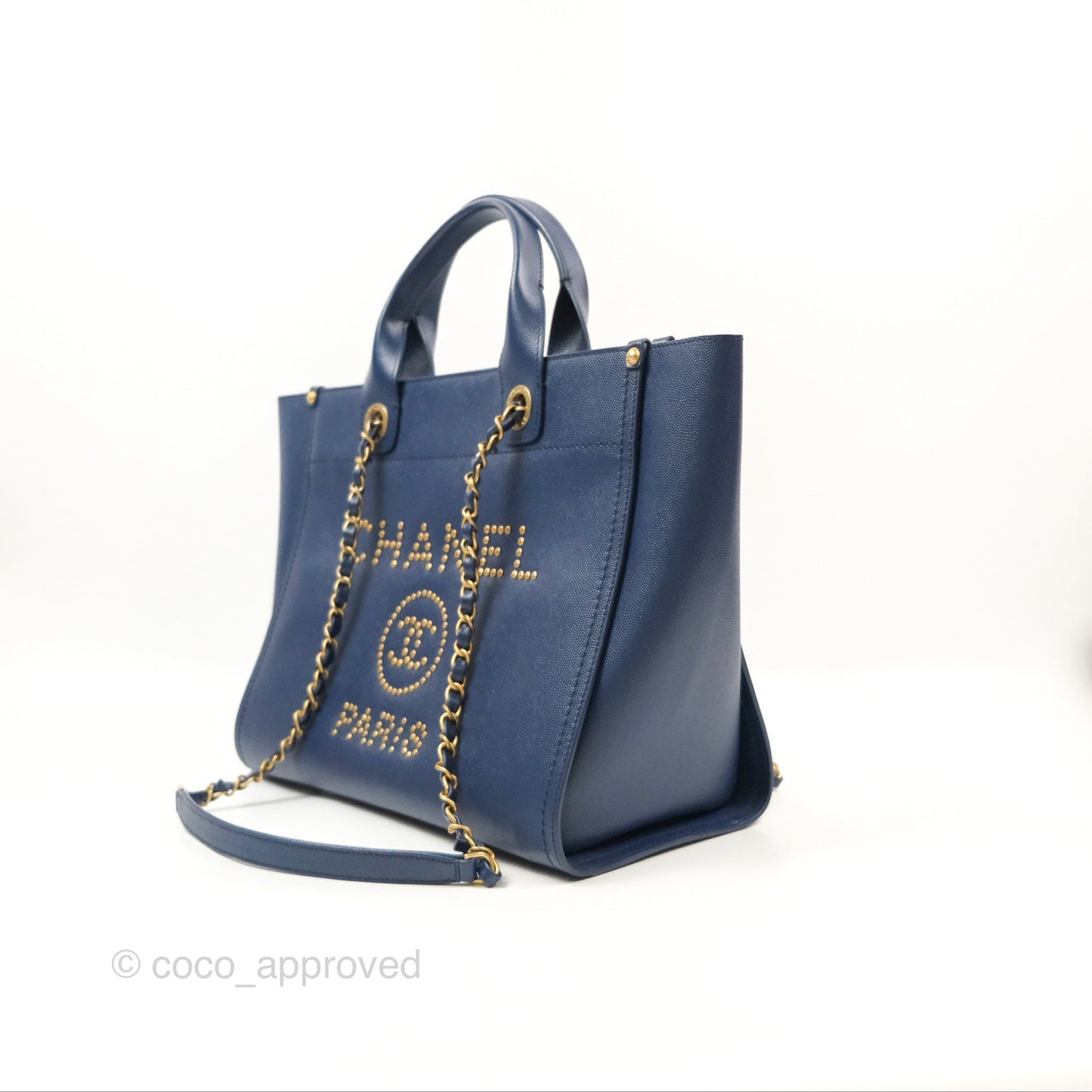 Chanel Small Studded Deauville Tote Navy Caviar Aged Gold Hardware