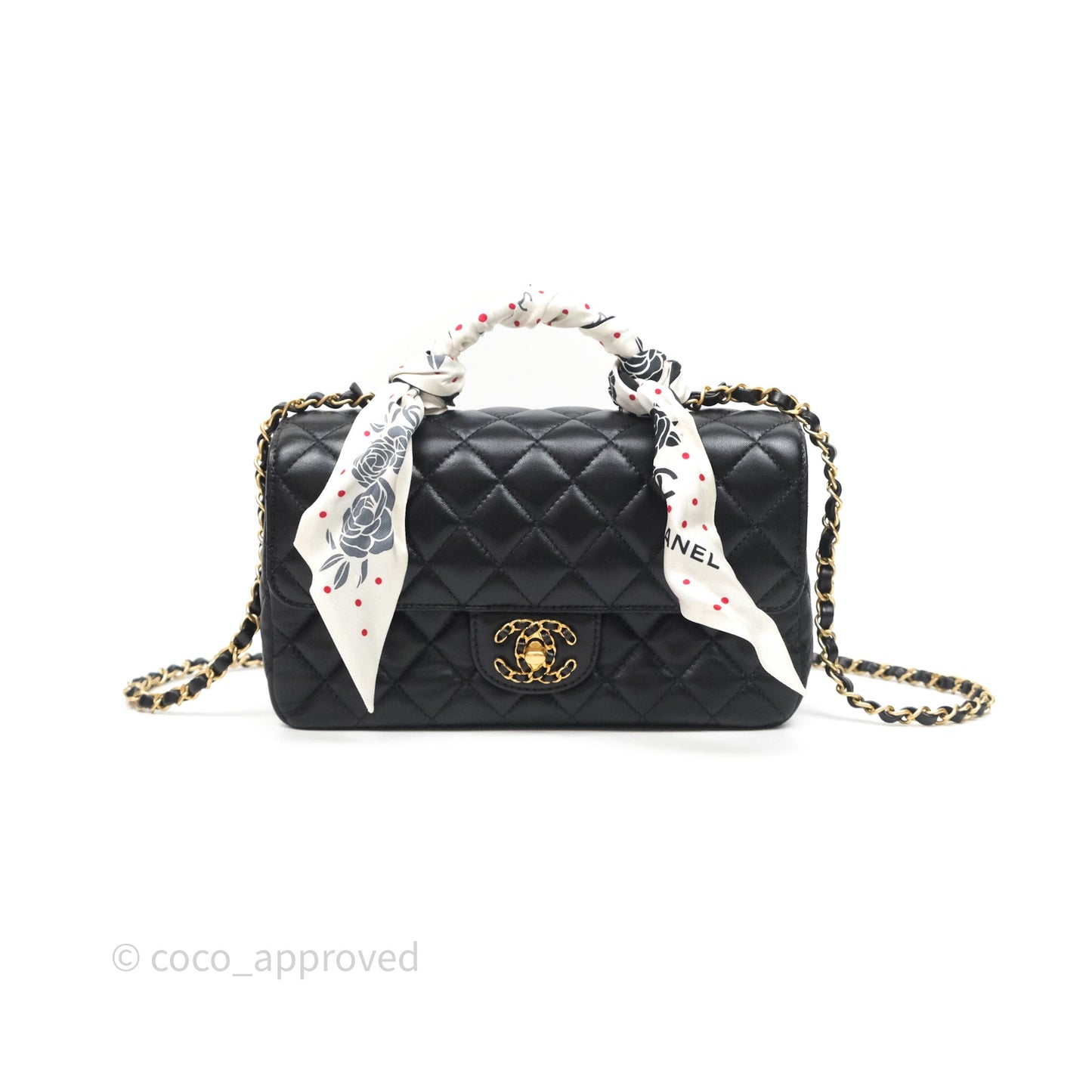 Chanel Logo Top Handle Small Flap Bag Black Lambskin Gold Hardware 24C