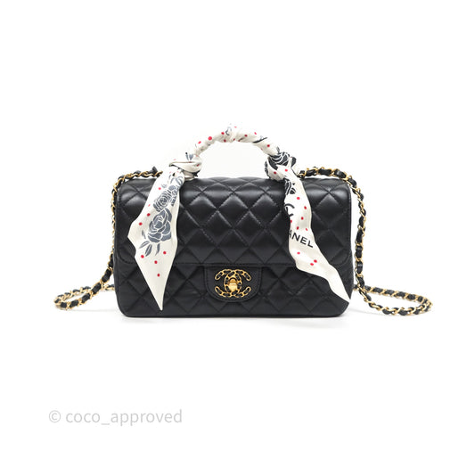 Chanel Logo Top Handle Small Flap Bag Black Lambskin Gold Hardware 24C
