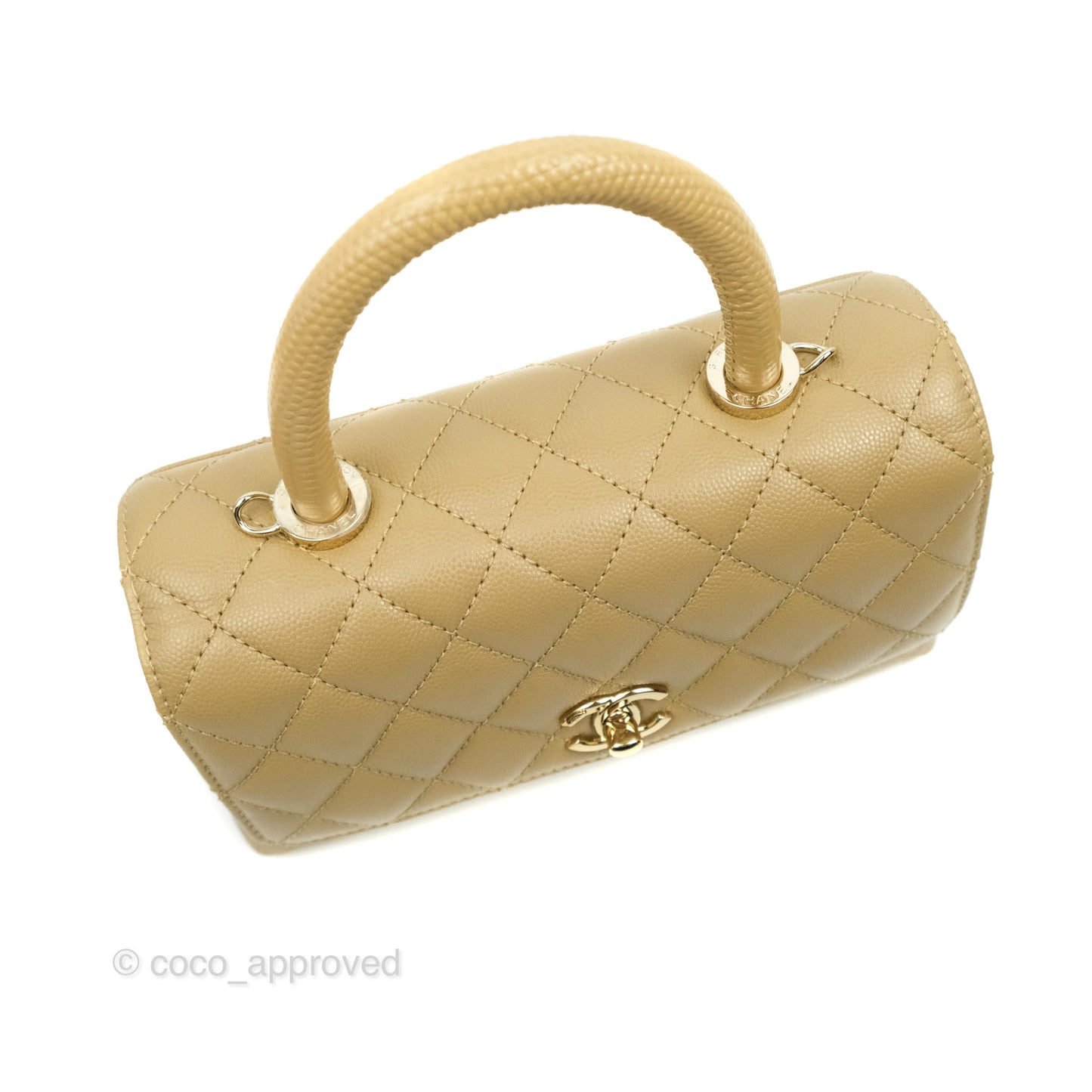 Chanel Small Coco Handle Quilted Dark Beige Caviar Gold Hardware Lizard Embossed Handle 21A