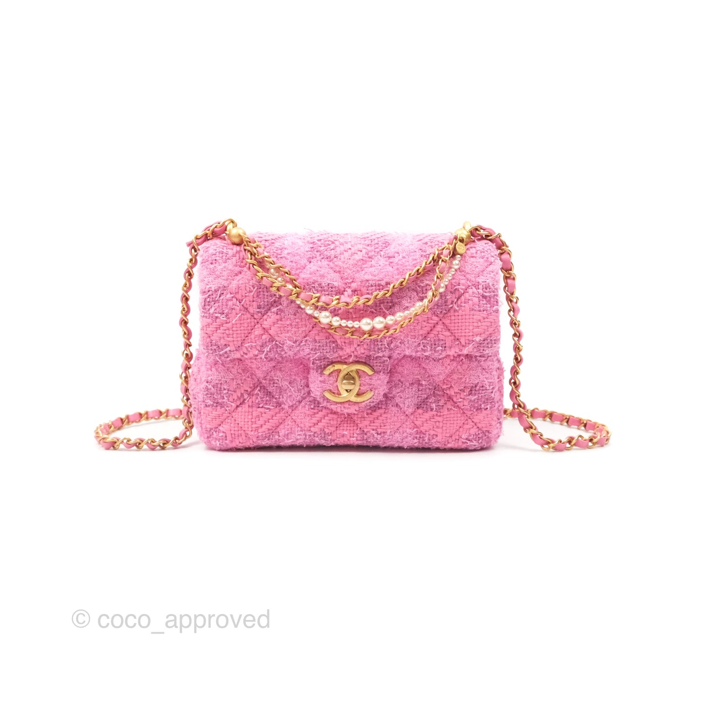 Chanel Mini Flap Bag with Pearl Chain Pink Tweed Aged Gold Hardware