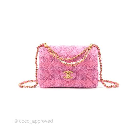 Chanel Mini Flap Bag with Pearl Chain Pink Tweed Aged Gold Hardware