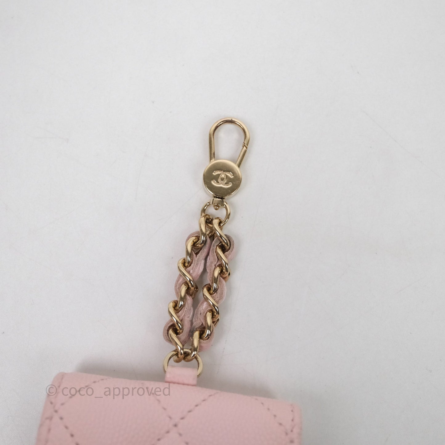 Chanel Quilted Crystal CC Pink Caviar Airpods Phone Case With Chain Light Gold Hardware