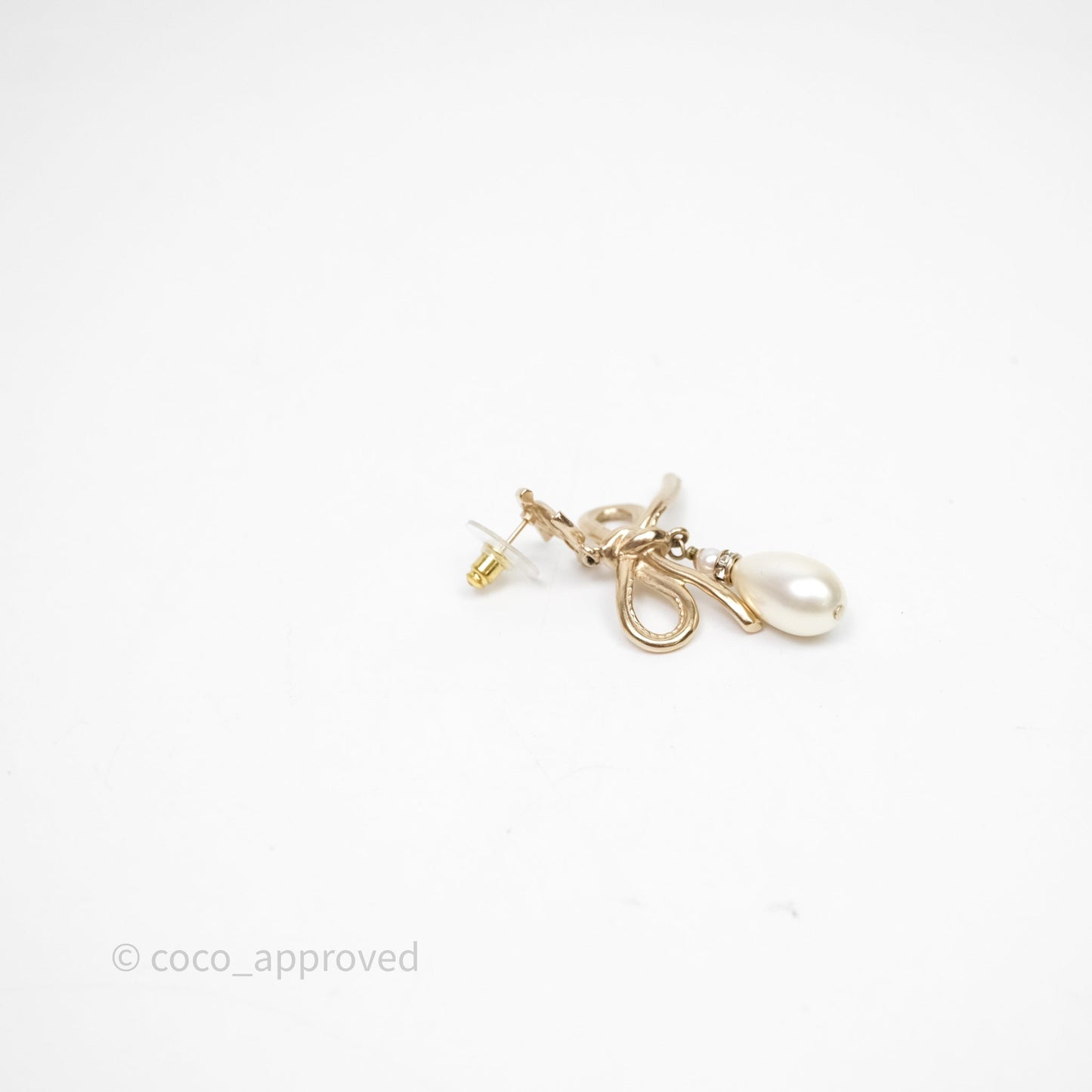 Chanel CC Pearl Drop Bow Earrings Gold Tone 22S