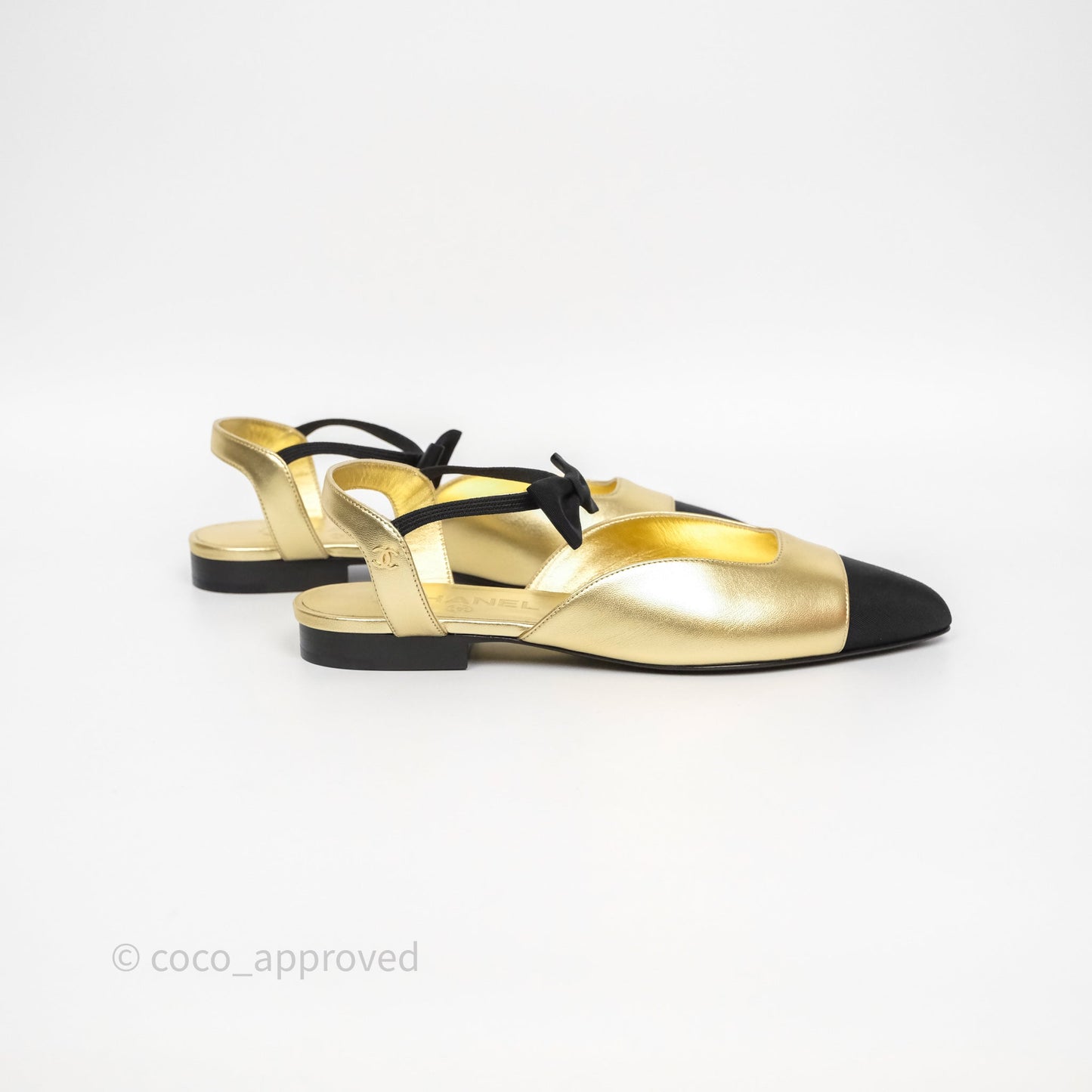 Chanel Bow Two-Tone Slingback Flats Gold/ Black Size 37.5