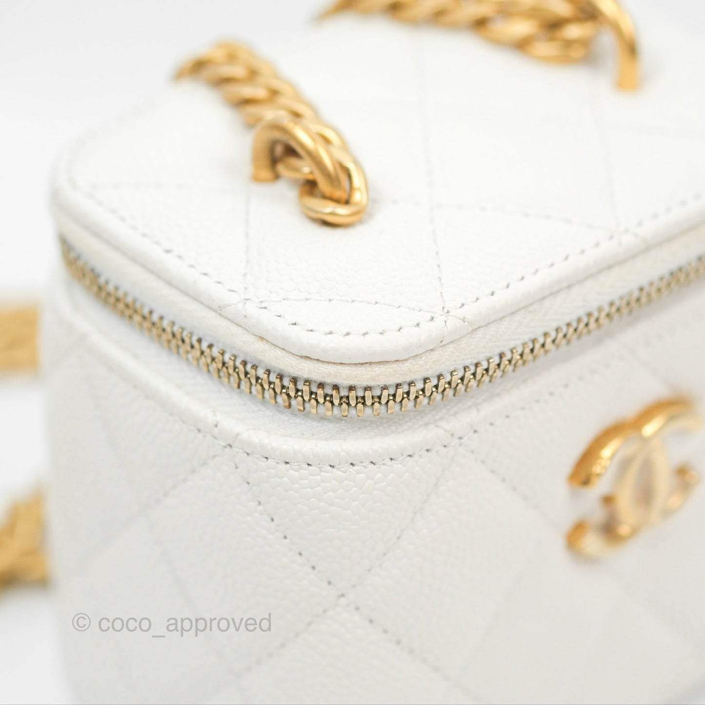 Chanel Quilted Heart Crush Mini Vanity With Chain White Caviar Aged Gold Hardware