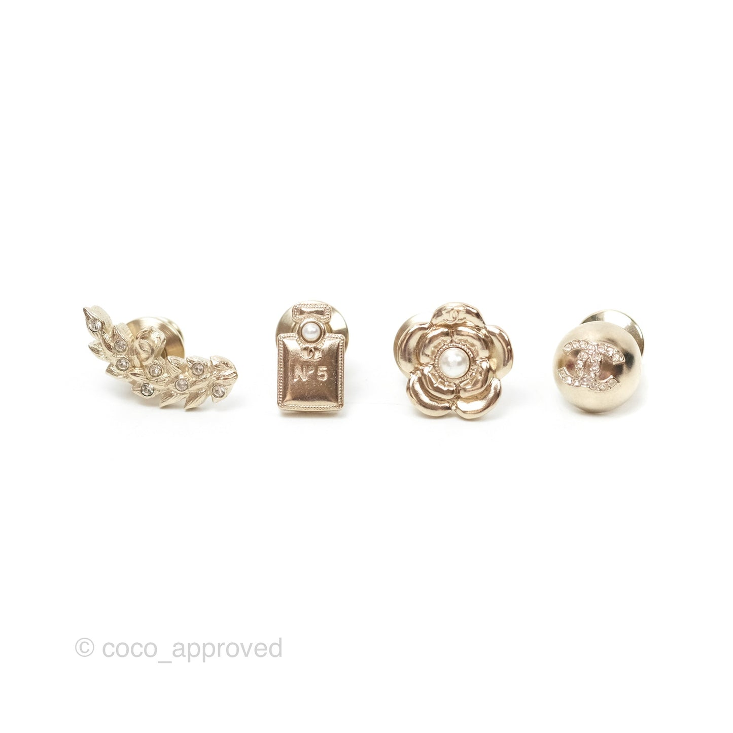 Chanel Leafy Camellia No5 Perfume CC 4 Pin Brooch Set Gold Tone 22P