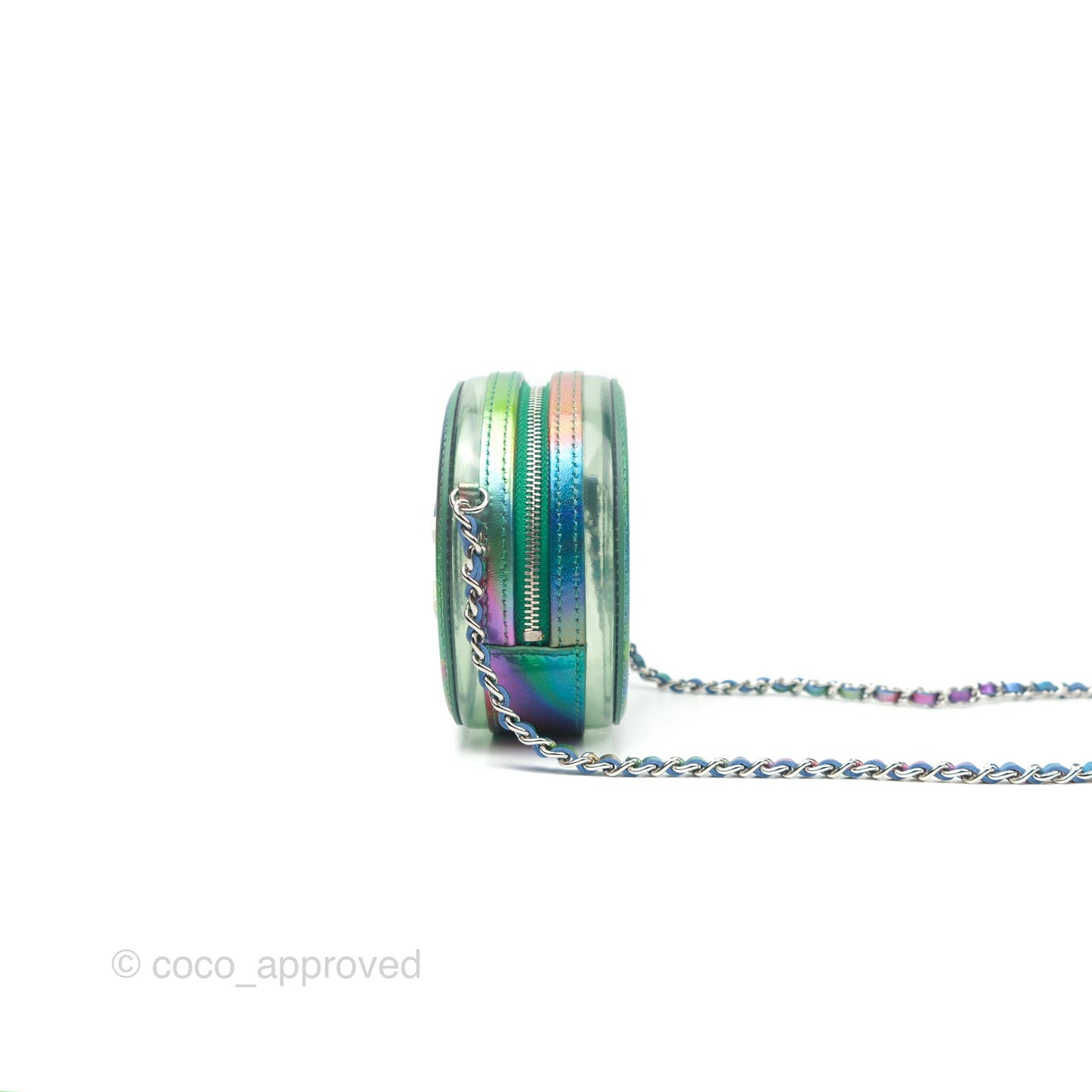 Chanel Filigree Rainbow Green PVC Round Clutch With Chain Silver Hardware 20C