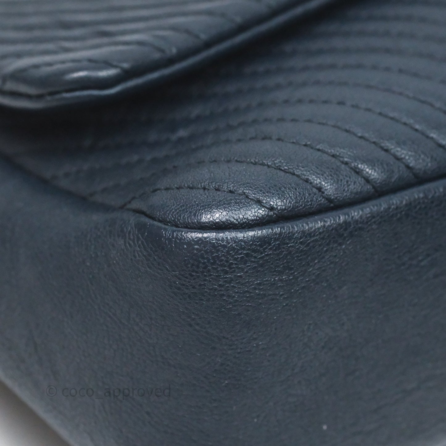 Chanel Medium Chevron Surpique Flap Navy Calfskin Aged Gold Hardware