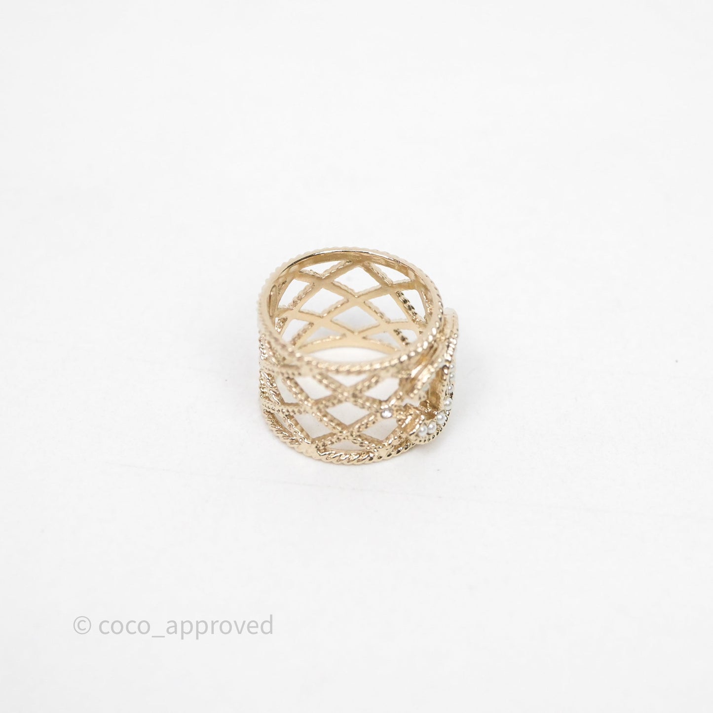 Chanel Pearl CC Ring Gold Tone 19C