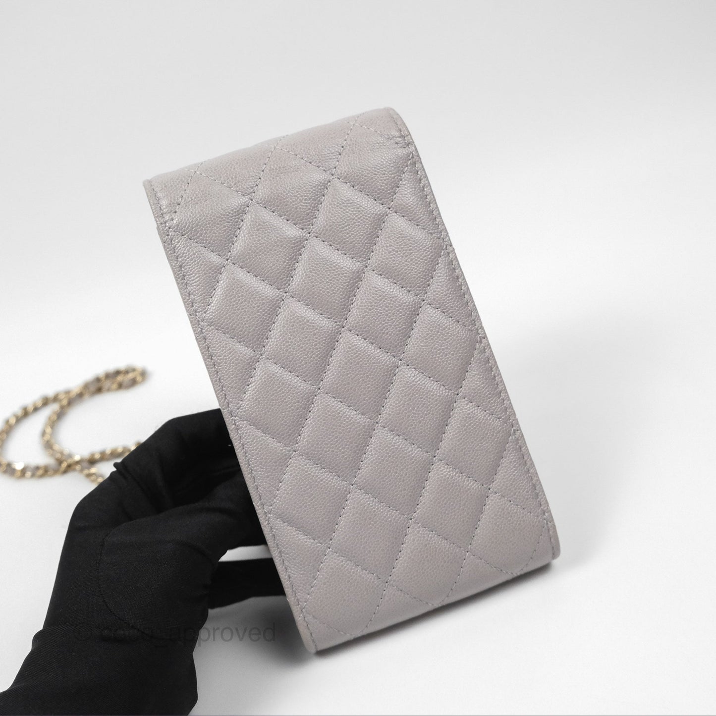 Chanel Quilted Phone Holder Grey Caviar Gold Hardware
