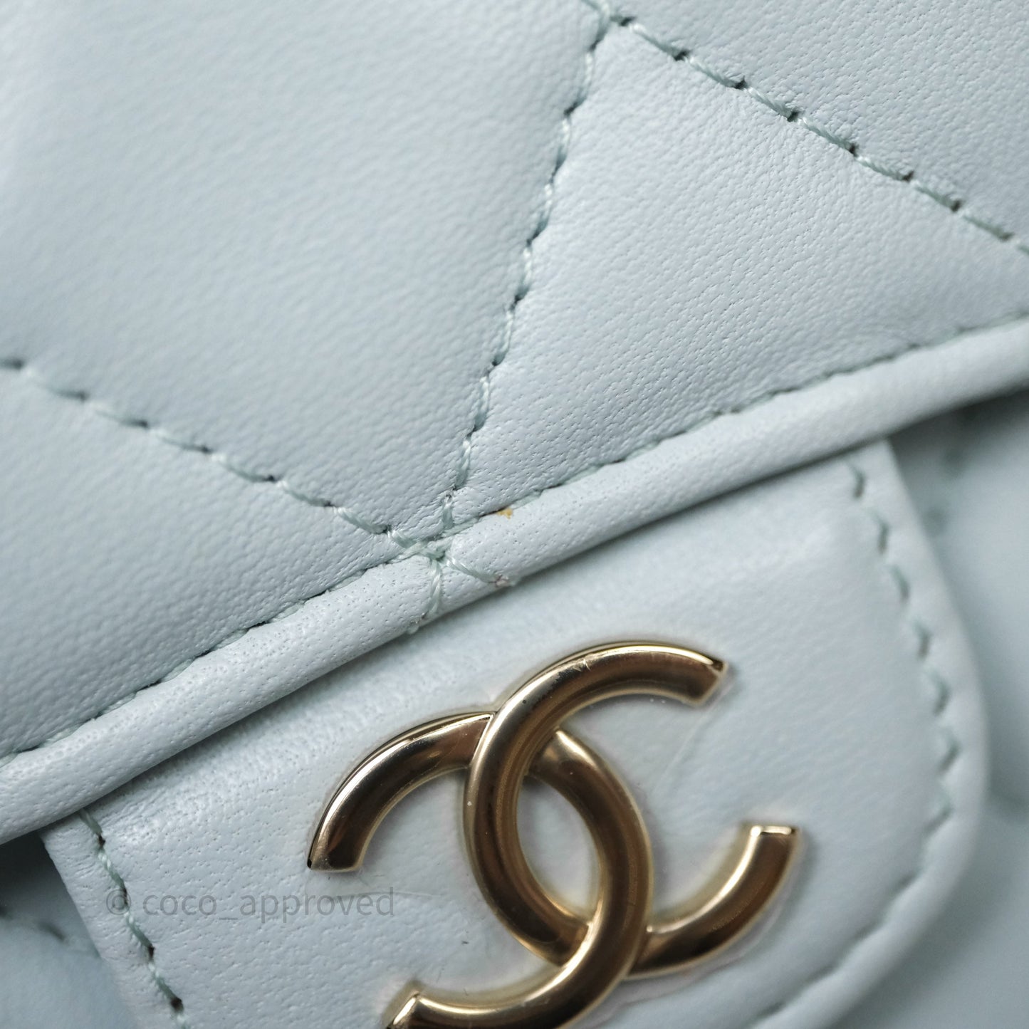 Chanel Mini Handle Flap Coin Purse With Chain Light Blue Lambskin Gold Hardware