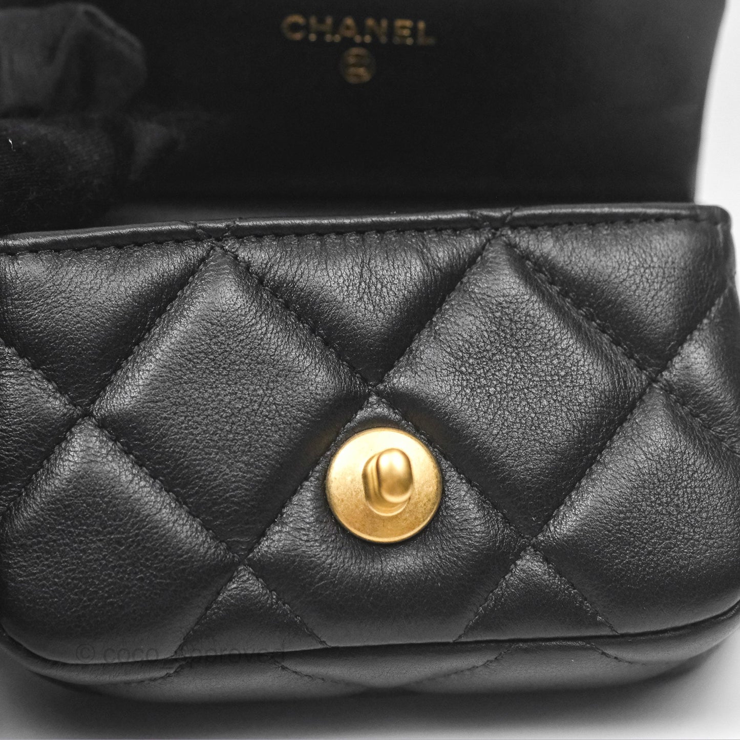 Chanel Lady Handle Flap Card Holder With Chain Black Calfskin Gold Hardware