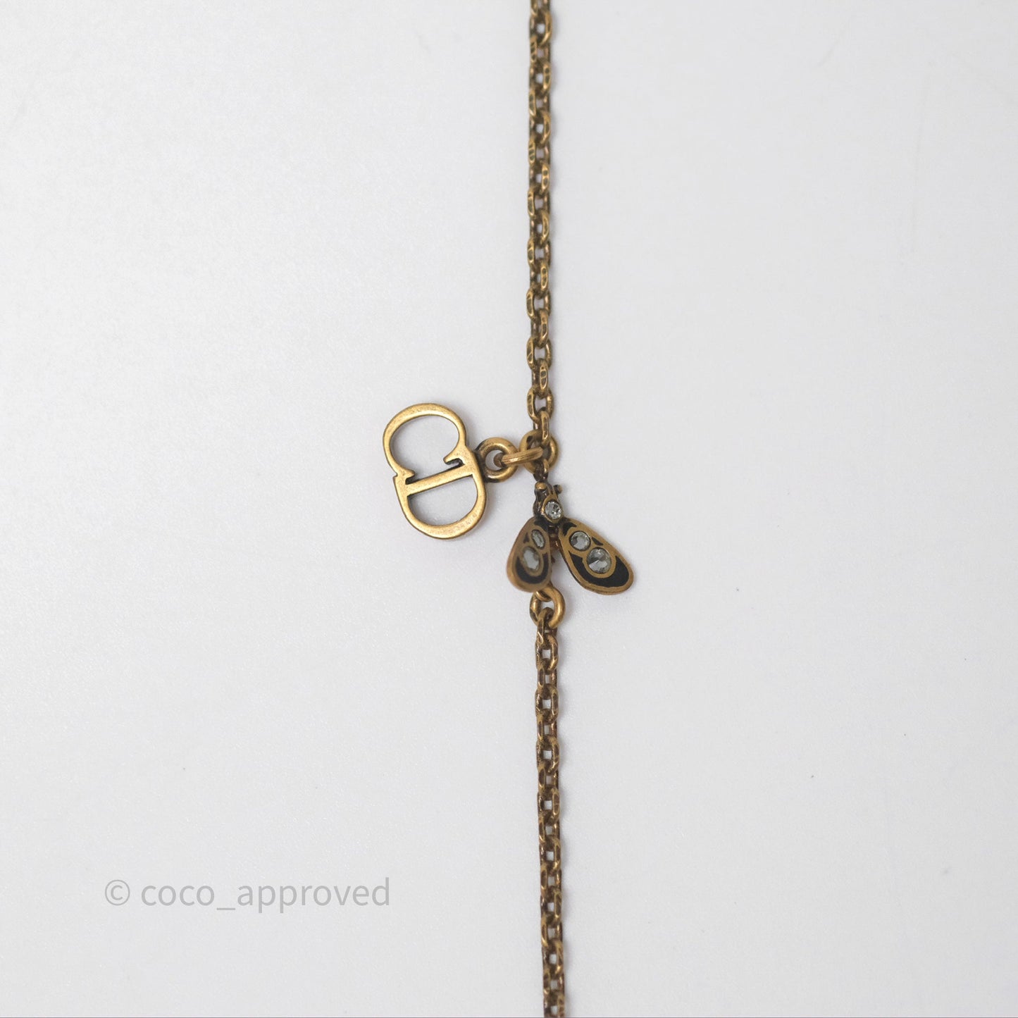 Christian Dior Pearl Crystal Bee Long Necklace Aged Gold Tone