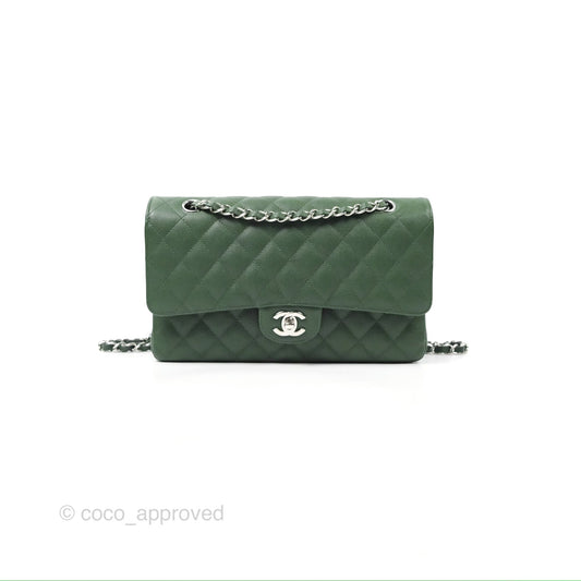 Chanel Classic M/L Medium Flap Quilted Dark Green Caviar Silver Hardware