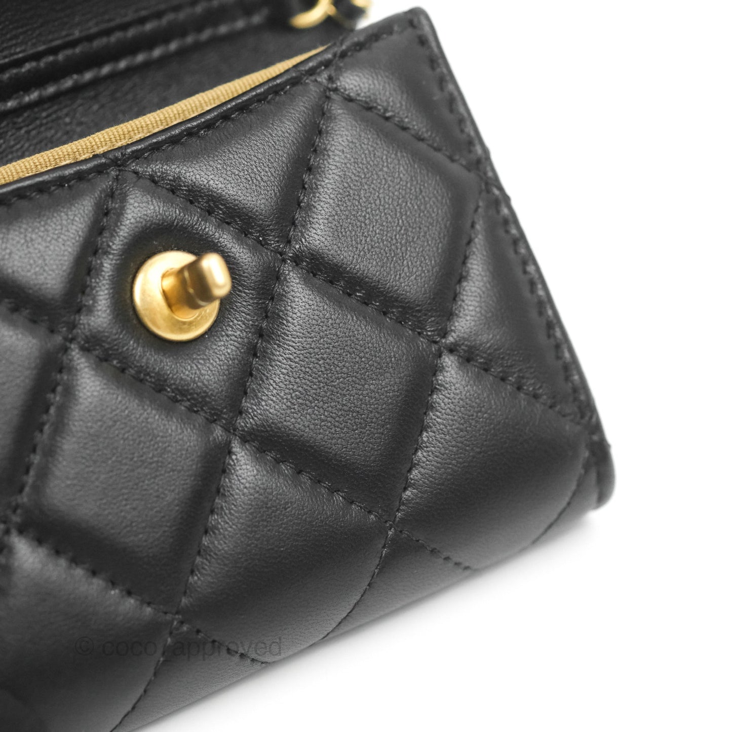 Chanel Pearl Crush Mini Clutch With Chain Black Lambskin Aged Gold Hardware
