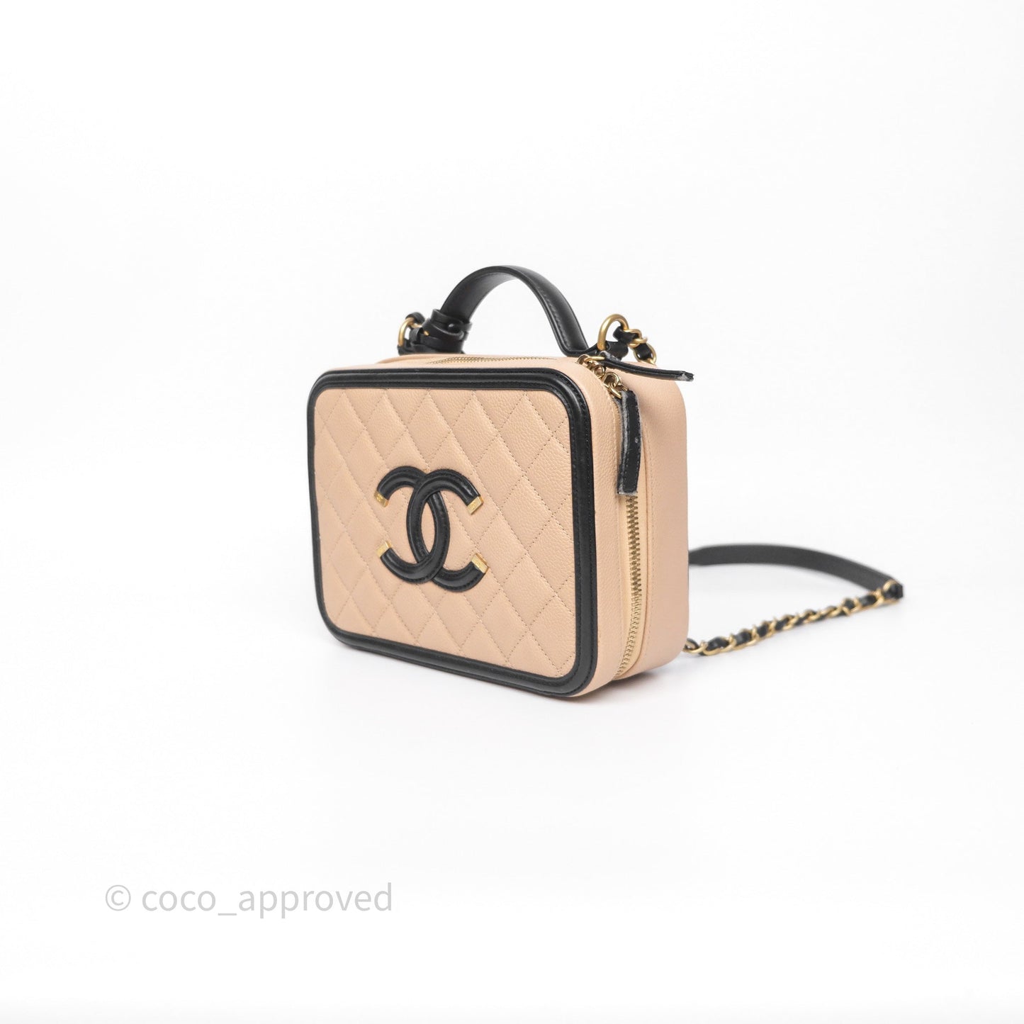 Chanel Quilted Medium CC Filigree Vanity Case Beige Black Caviar Aged Gold Hardware