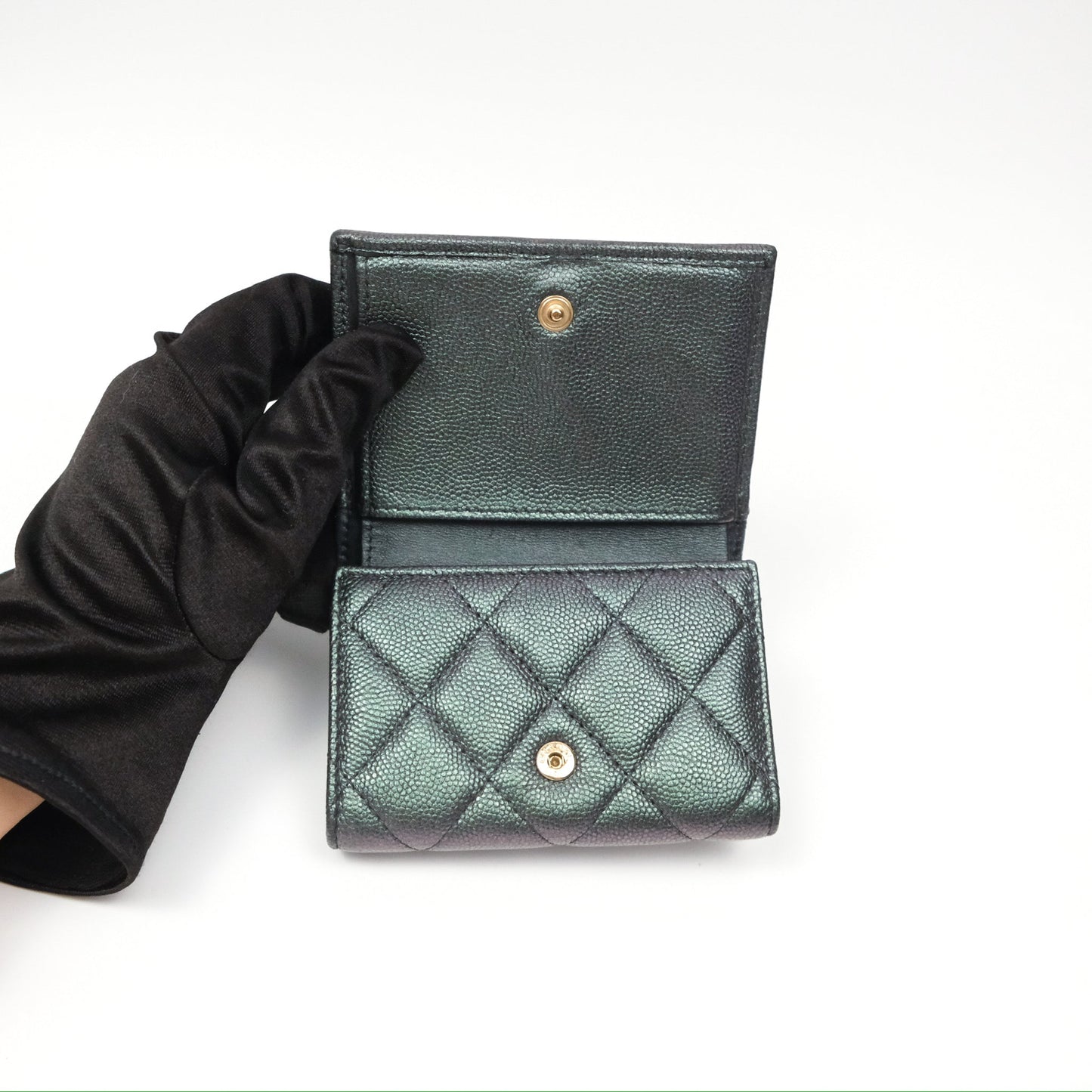 Chanel Quilted White CC Short Wallet Iridescent Green Purple Gold Hardware