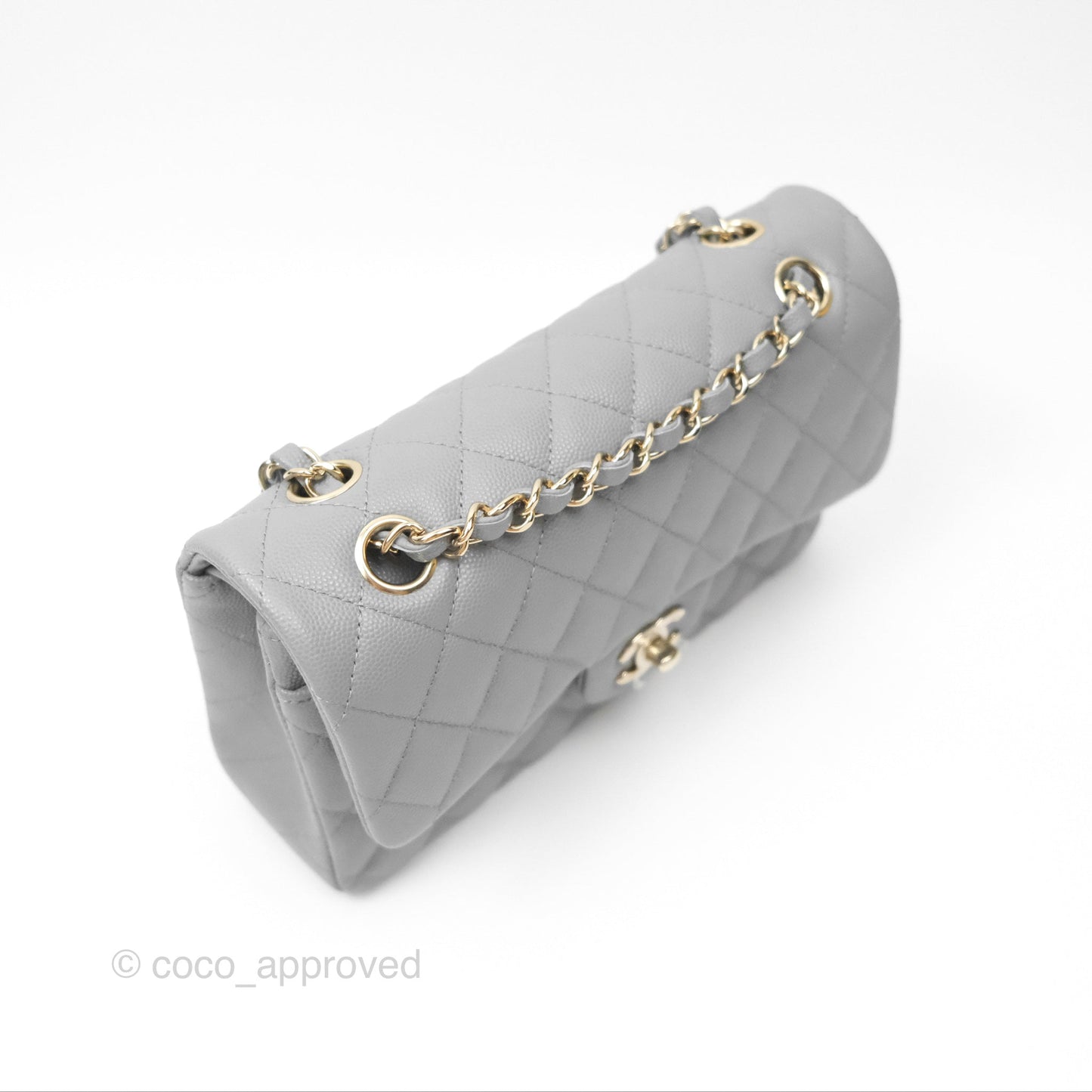 Chanel Small Classic Quilted Flap Grey Caviar Gold Hardware