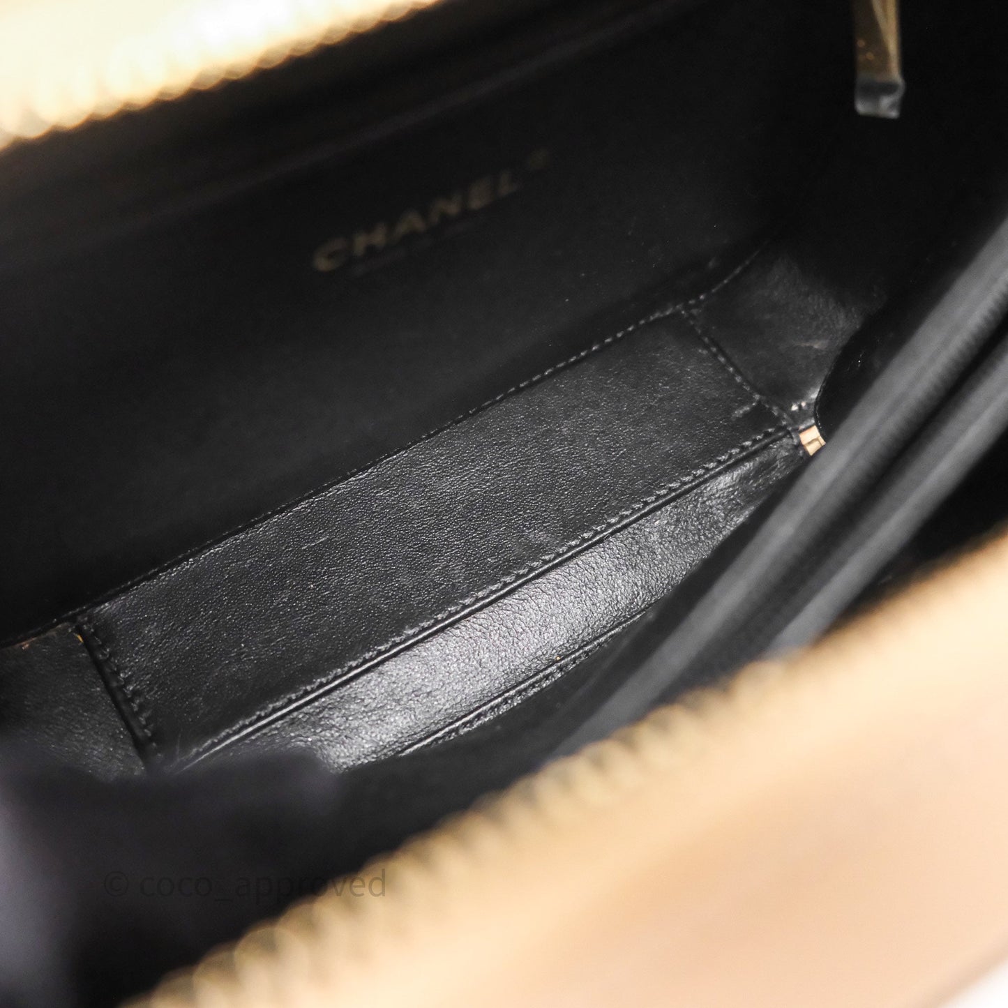 Chanel Quilted Medium CC Filigree Vanity Case Beige Black Caviar Aged Gold Hardware