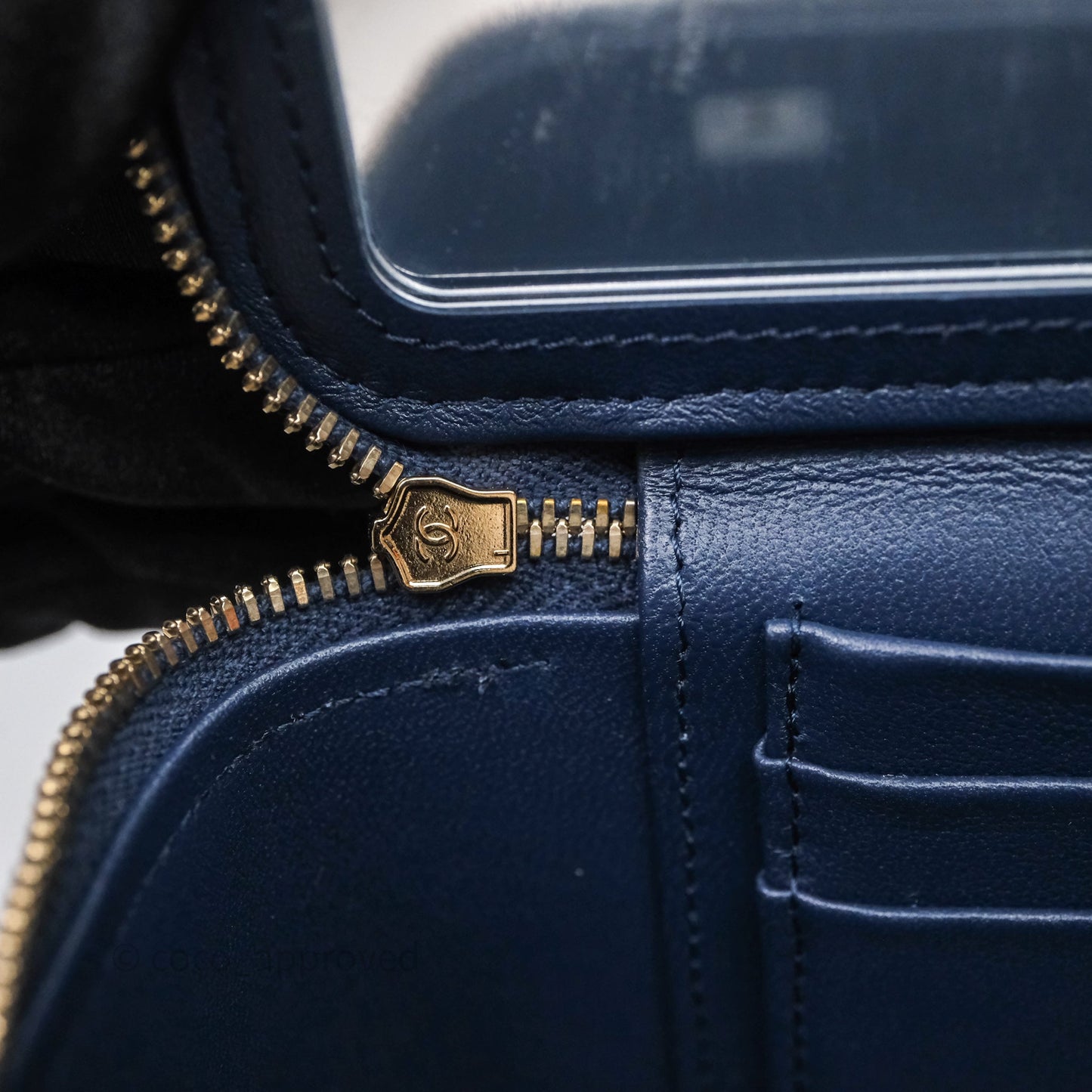 Chanel Vanity Rectangular Metal Top Handle Navy Lambskin Aged Gold Hardware
