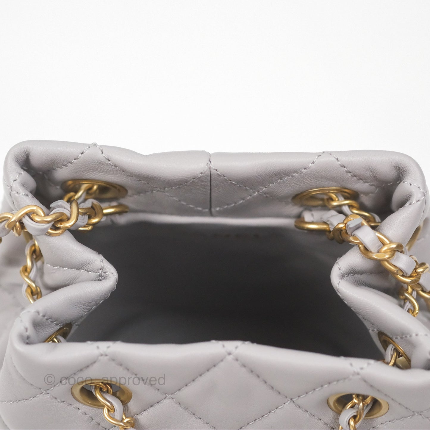 Chanel Pearl Crush Drawstring Bucket Bag Grey Lambskin Aged Gold Hardware