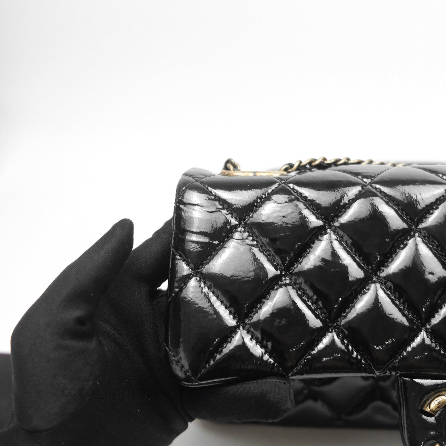 Chanel Quilted Medium Eyelet Flap Bag Black Patent Aged Gold Hardware