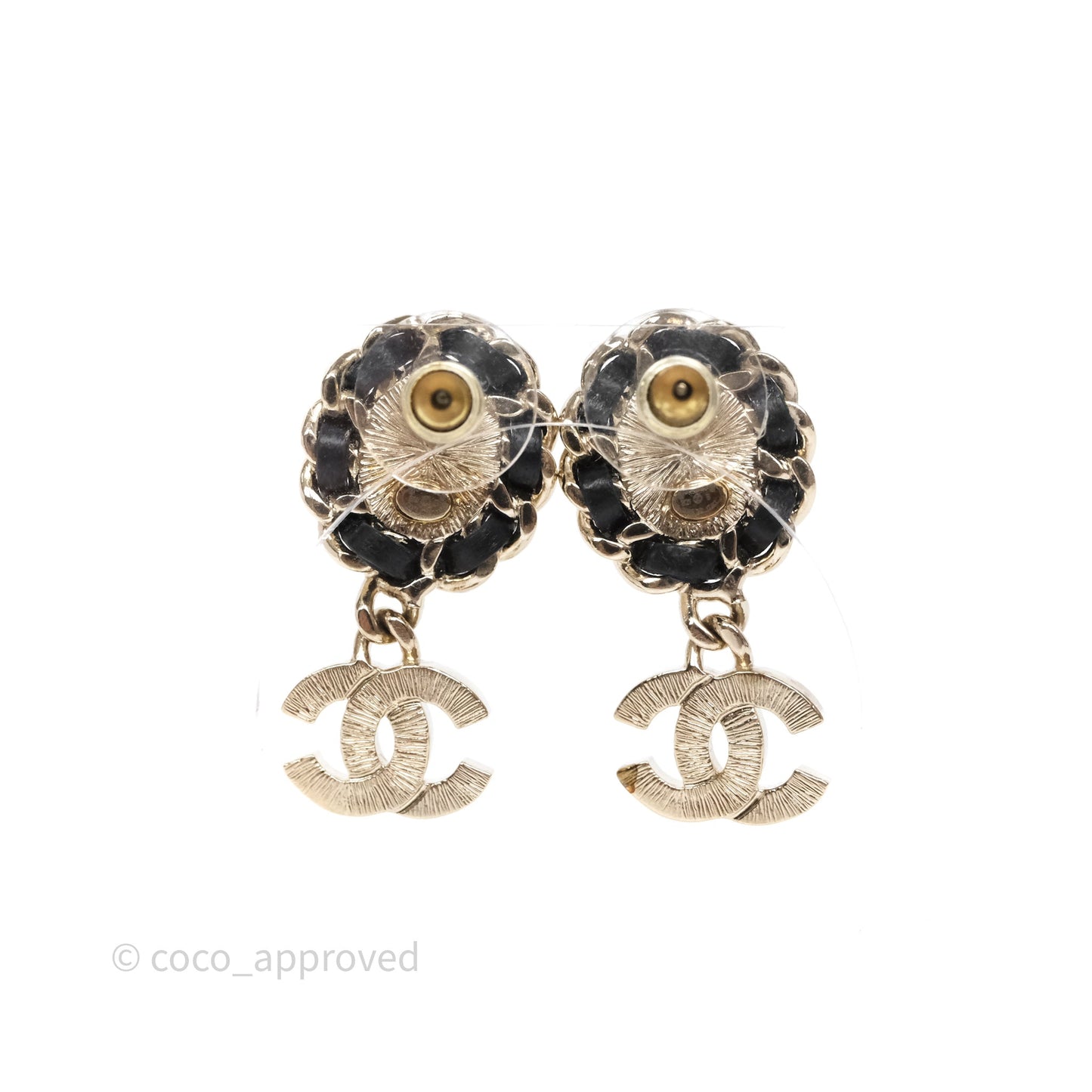 Chanel Oval Pearl Braided Black Leather Drop Crystal CC Earrings Gold Tone 21B