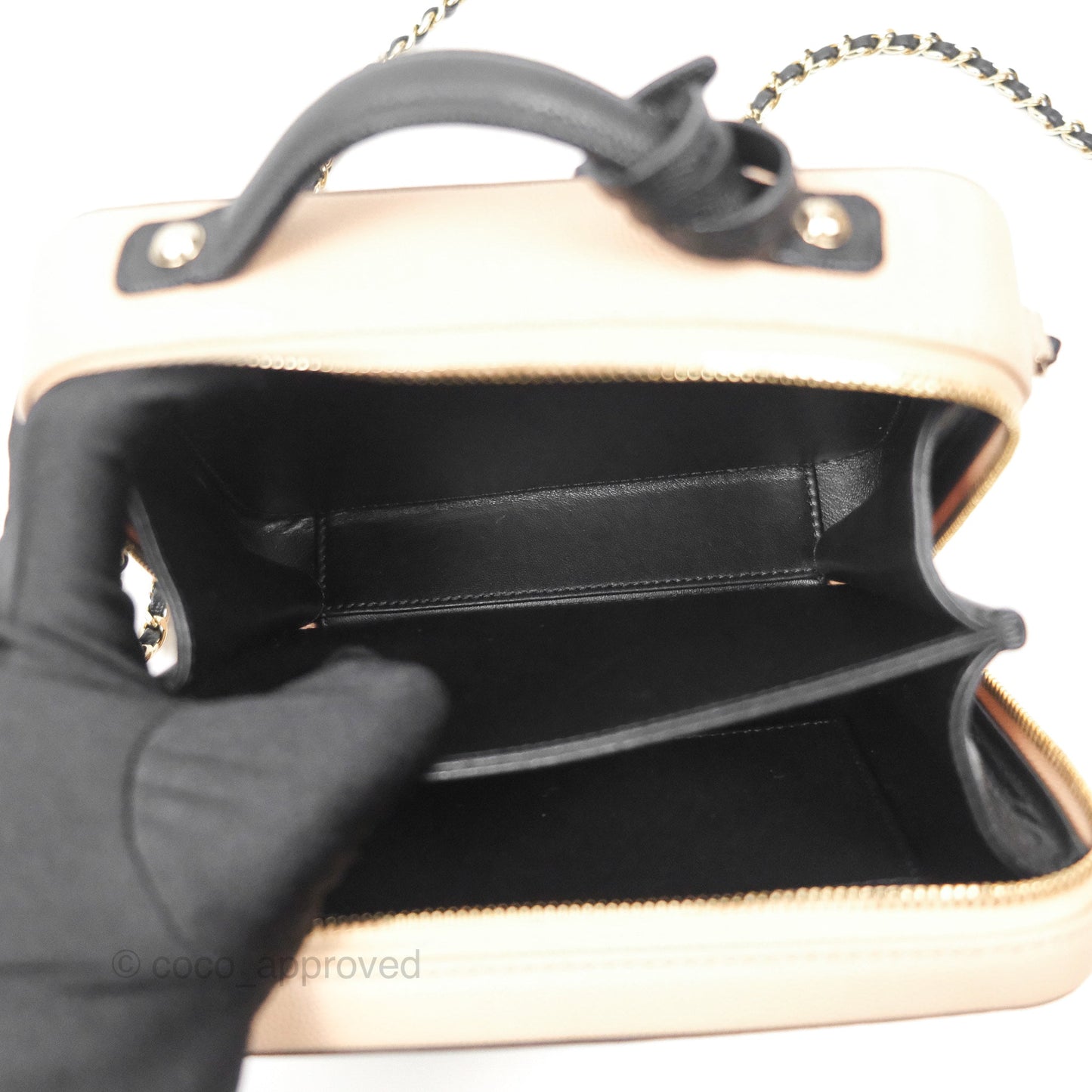 Chanel Quilted New Small CC Filigree Vanity Case Beige Caviar Gold Hardware