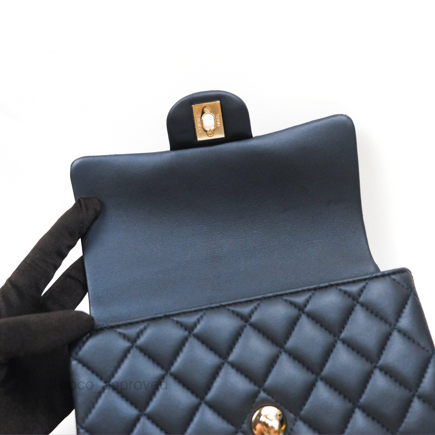 Chanel Top Handle Mini Rectangular Flap Bag Iridescent Navy Lambskin Gold Hardware