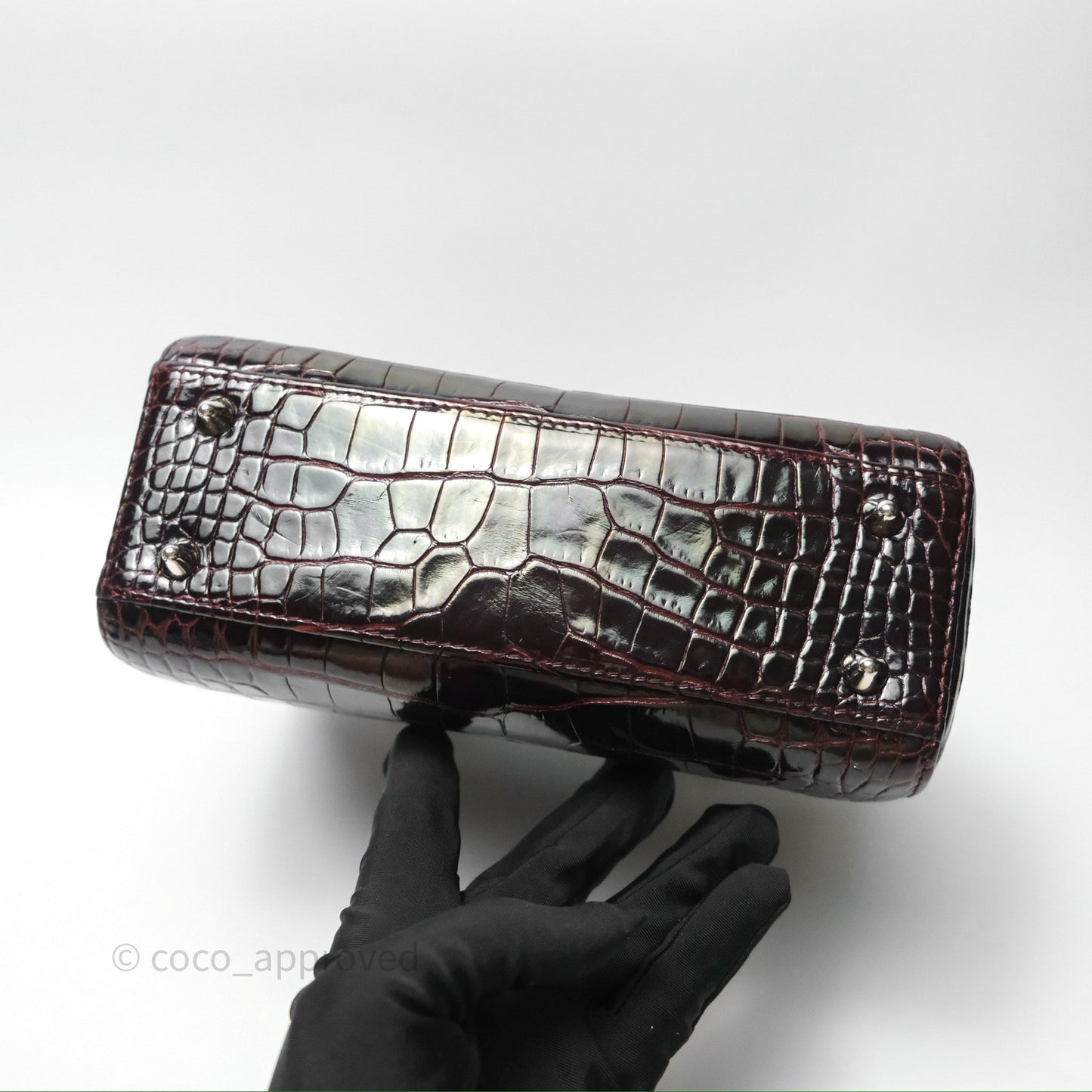Christian Dior Small Lady Dior Shiny Crocodile Burgundy Diamond Hardware