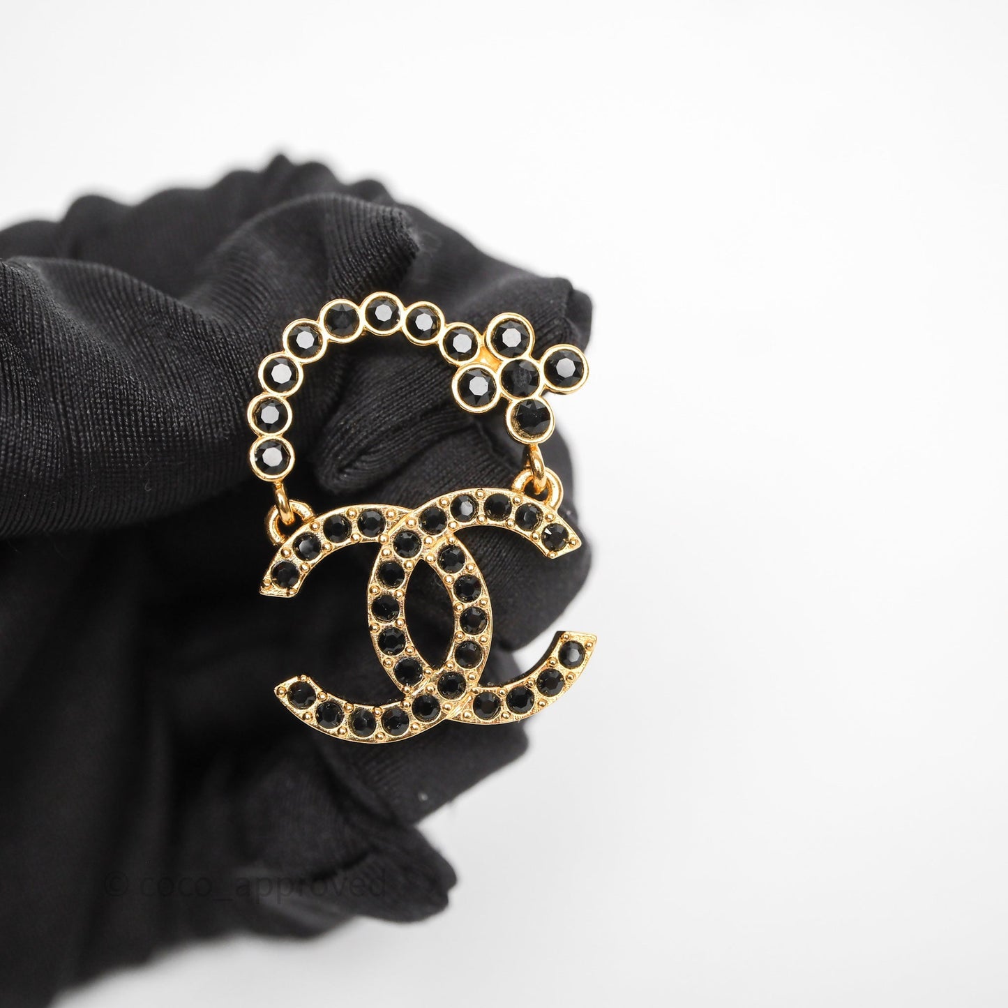 Chanel Black Crystal CC Floral Earrings Gold Tone 23A
