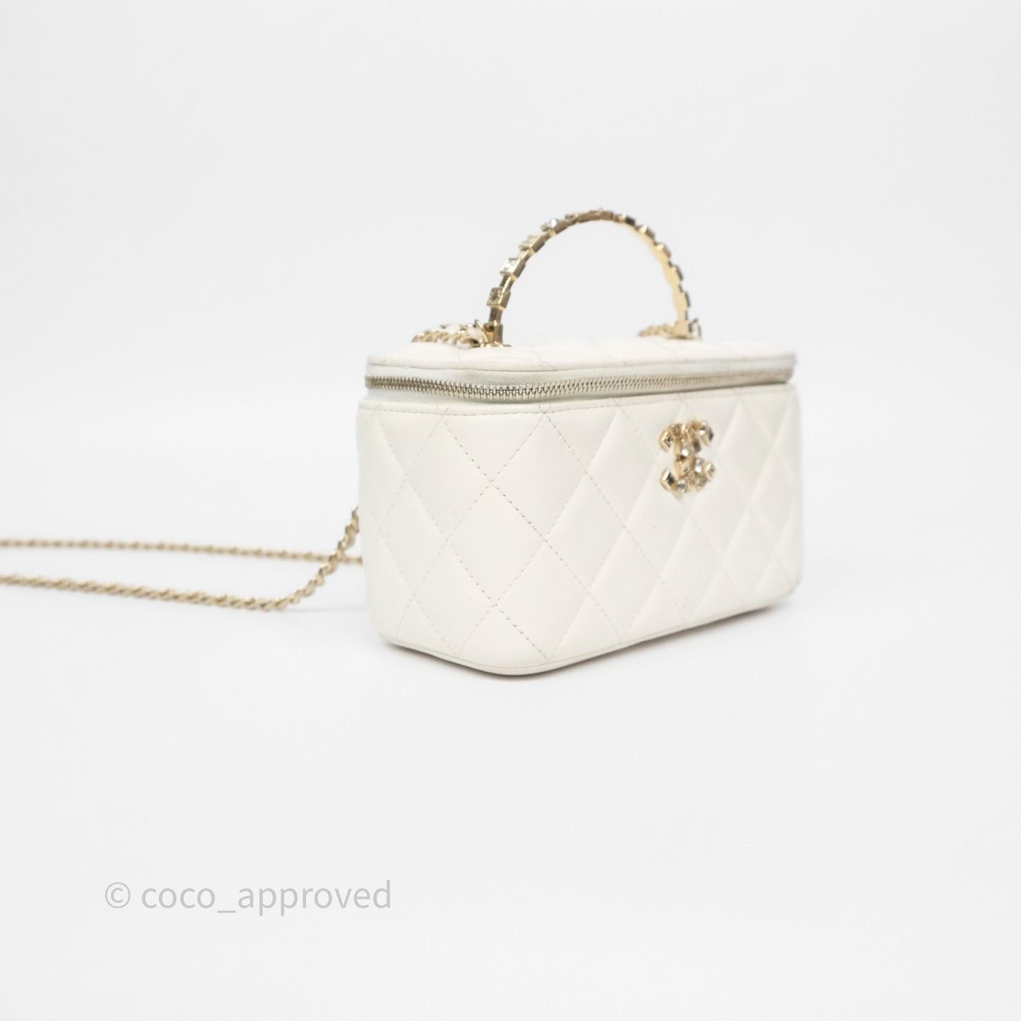 Chanel Logo Crystals Top Handle Vanity Rectangular White Lambskin Gold Hardware