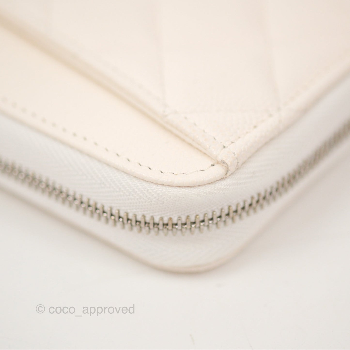 Chanel Quilted Zip Long Wallet White Caviar Silver Hardware